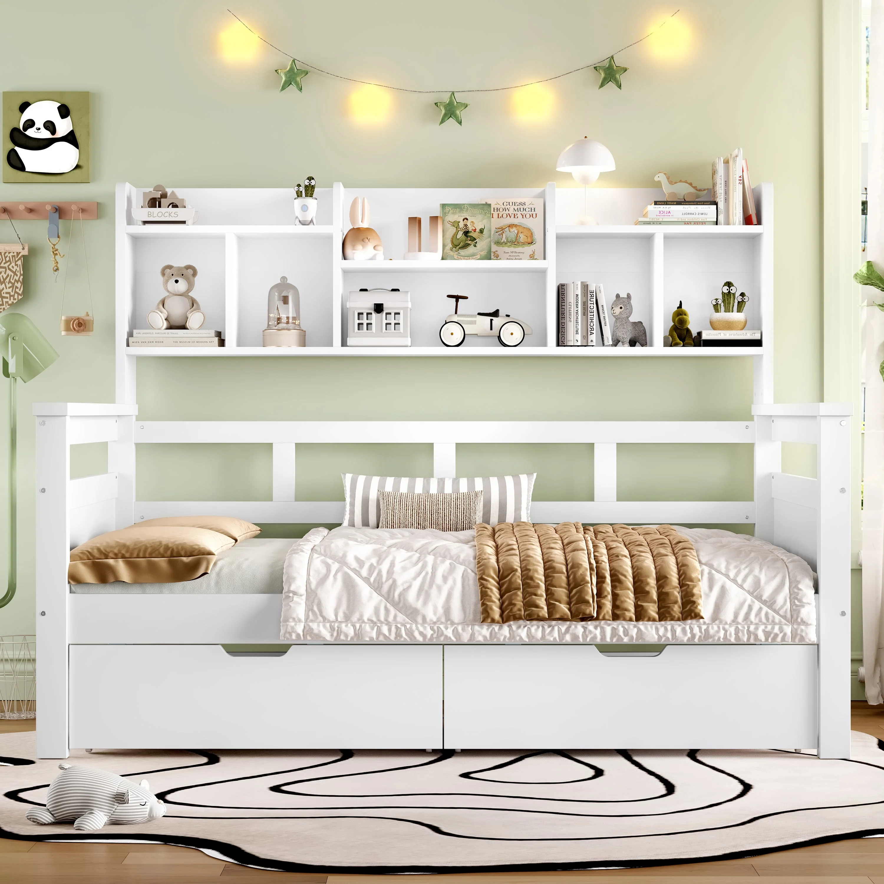 3ft Single Wooden Bed Frame with Two Storage Drawers and Bookcase Headboard, White - Image 4