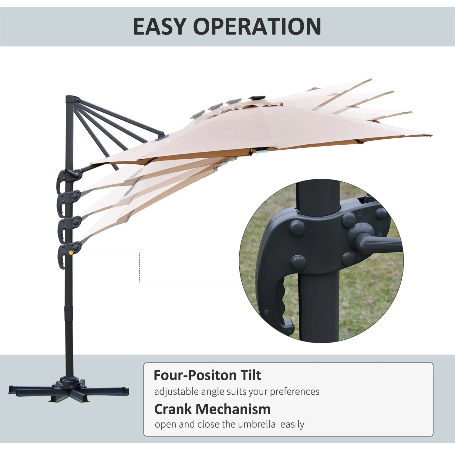 3m Cantilever Parasol with LED Solar Lights and Base, Brown - Image 6