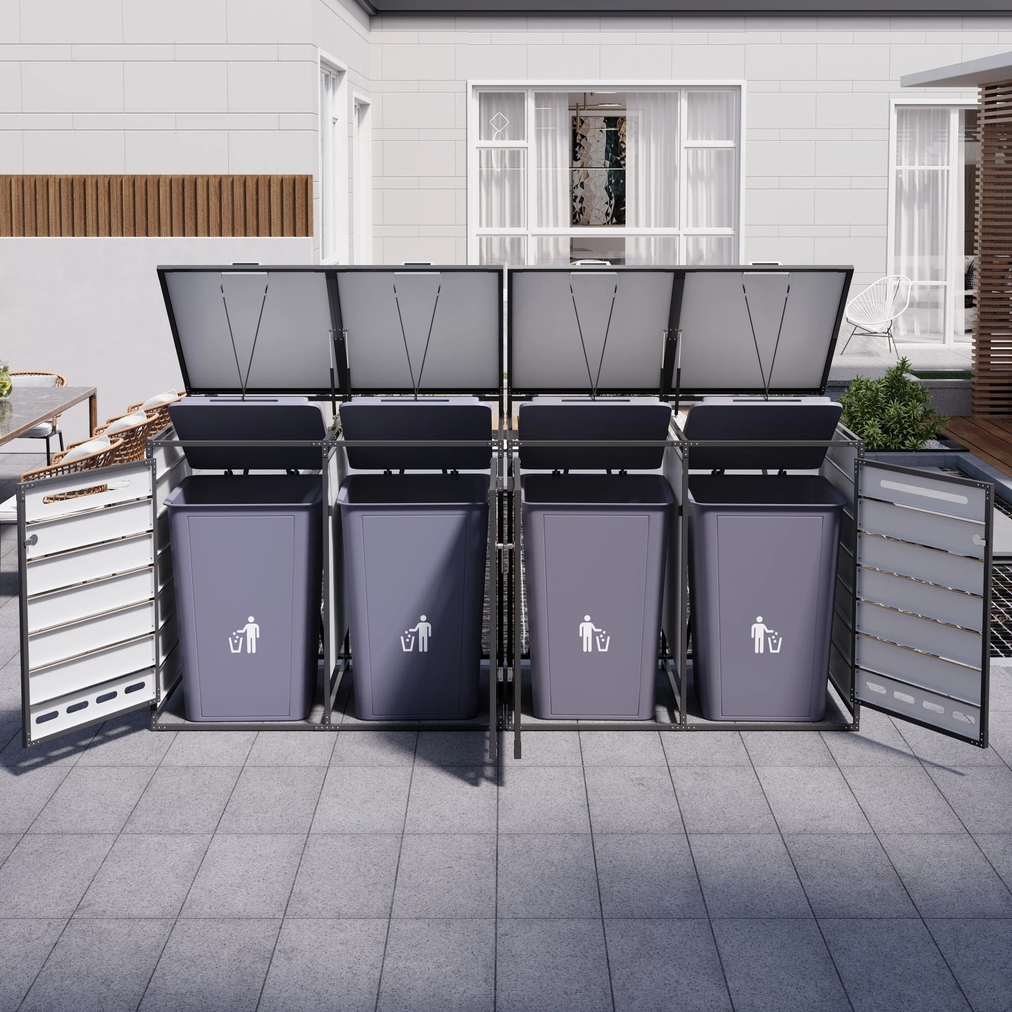 4-Bin Storage Unit with Hydraulic Lids and Slotted Ventilation, Iron and Wood-Look Cladding - Image 2