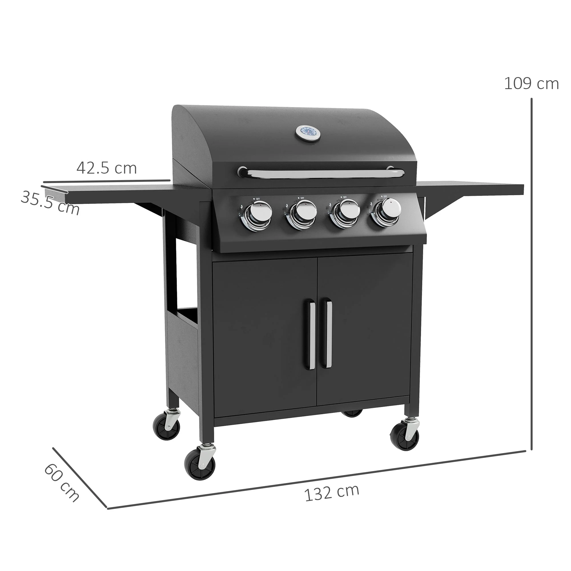 4 Burner Gas BBQ Grill, Portable Trolley w/ Warming Rack, Side Shelves & Storage, Carbon-Steel - Image 3
