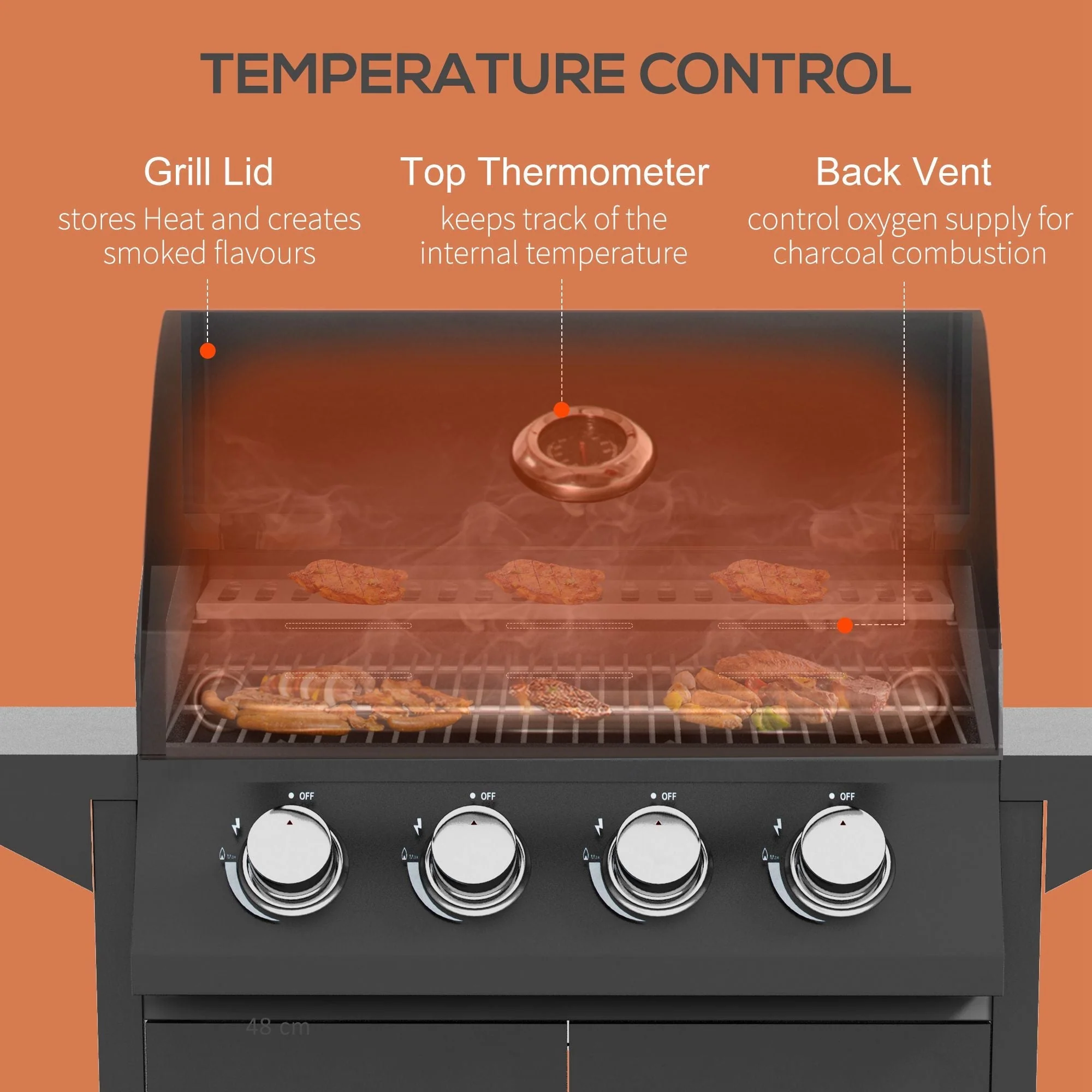 4 Burner Gas BBQ Grill, Portable Trolley w/ Warming Rack, Side Shelves & Storage, Carbon-Steel - Image 5
