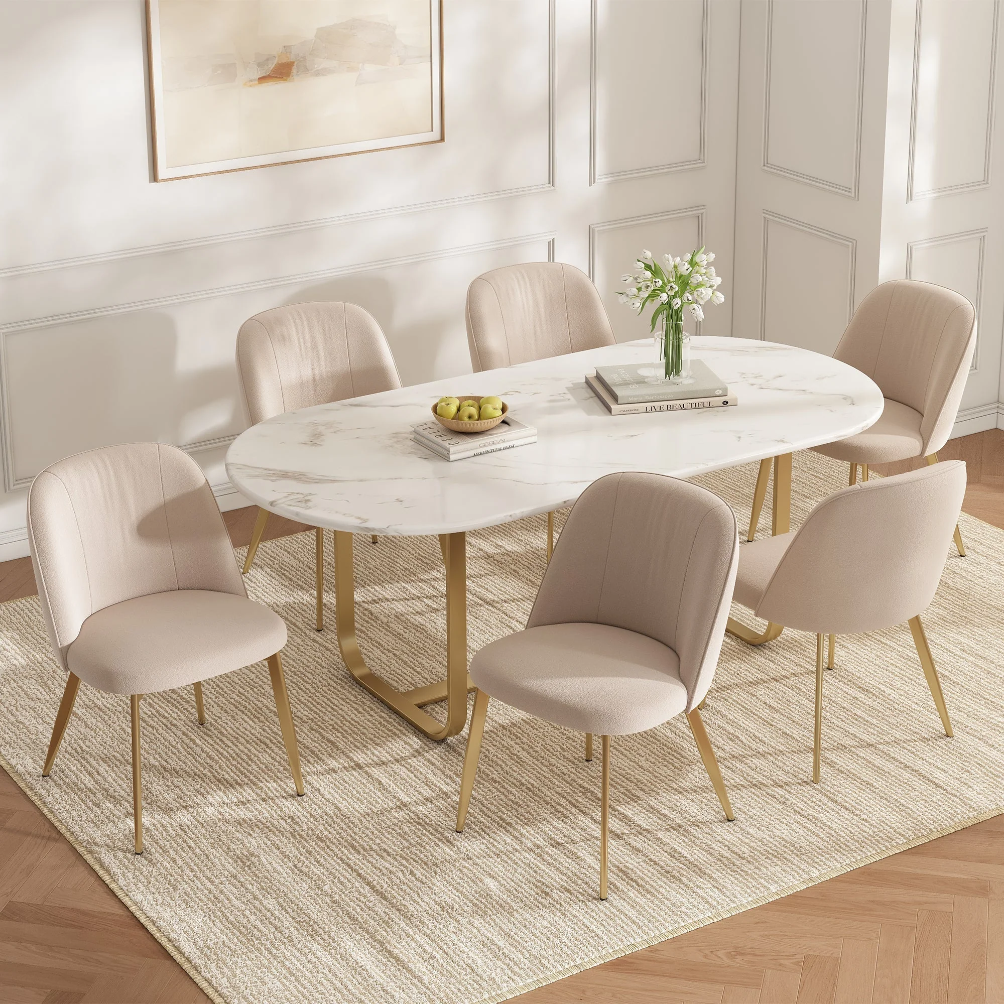 4 Dining Chairs, Comfortable and Modern for Dining Room, Beige and Gold Velvet Fabric - Image 3