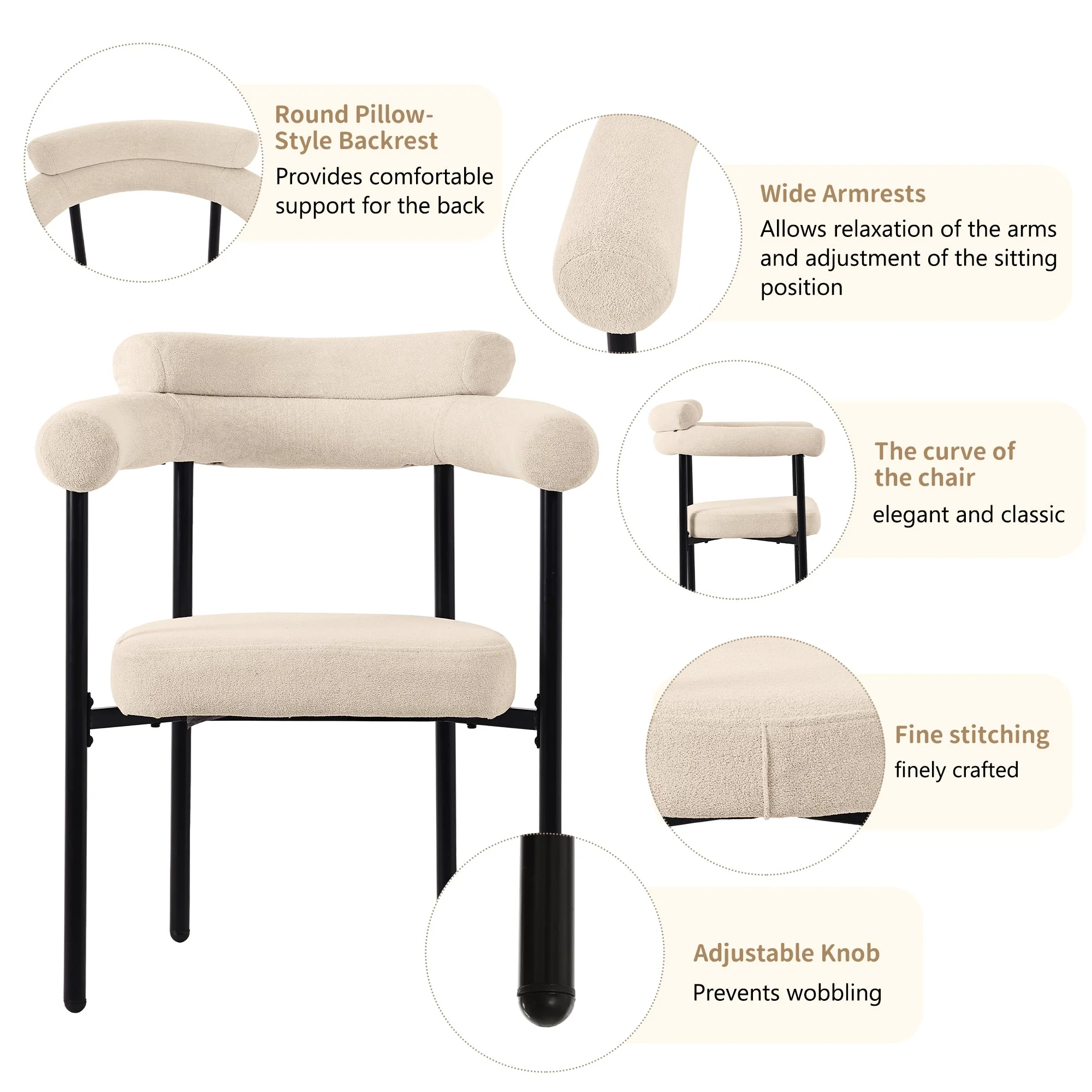 4 Dining Chairs Modern Simple Comfortable Ring Seat Cream Suede Fabric - Image 10