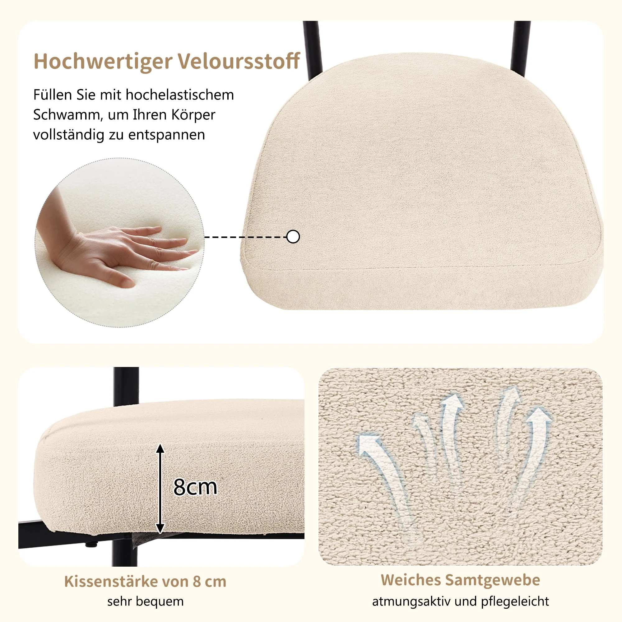 4 Dining Chairs Modern Simple Comfortable Ring Seat Cream Suede Fabric - Image 9