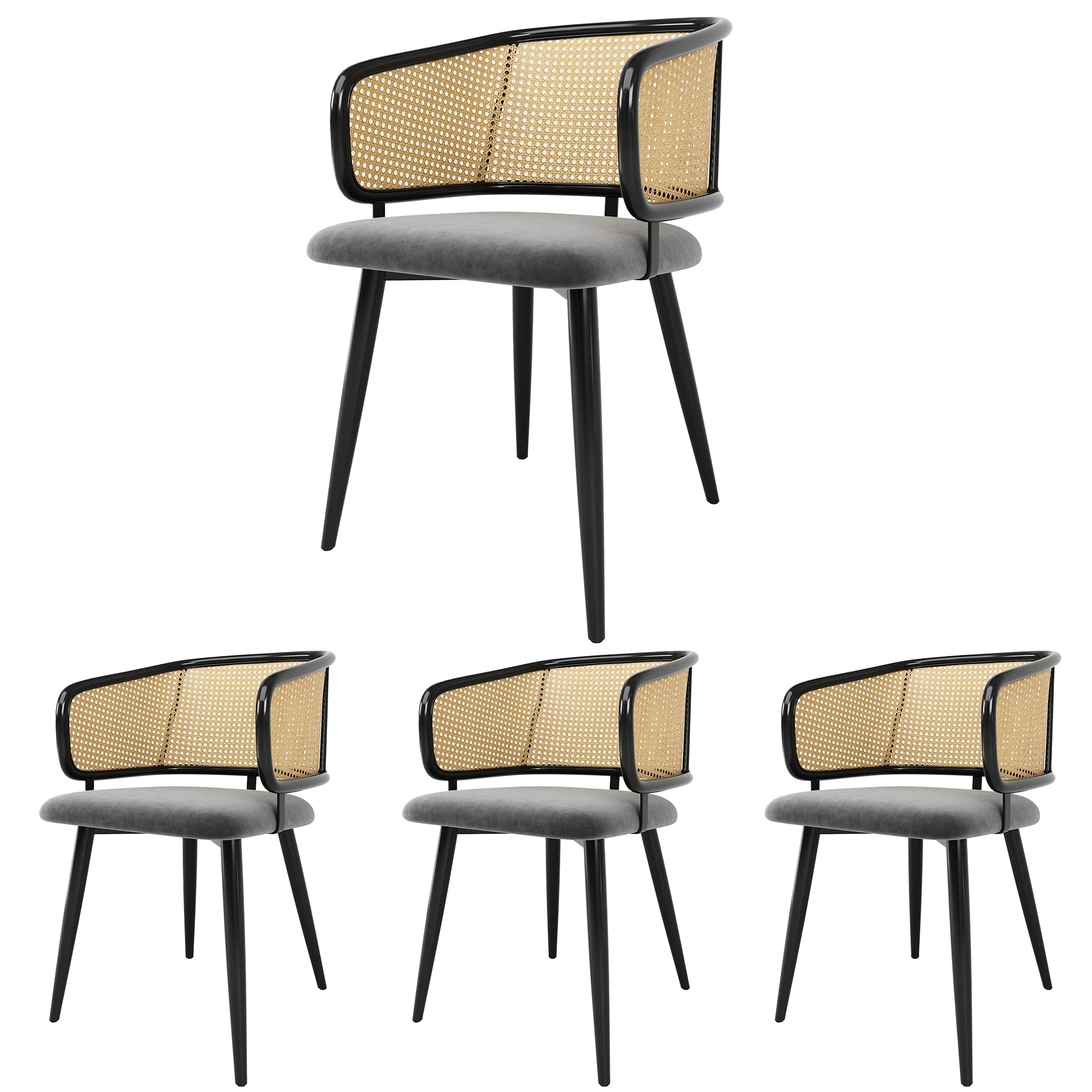 4 Dining Chairs - Rattan Back Velvet Cushion - Modern Style - Image 3