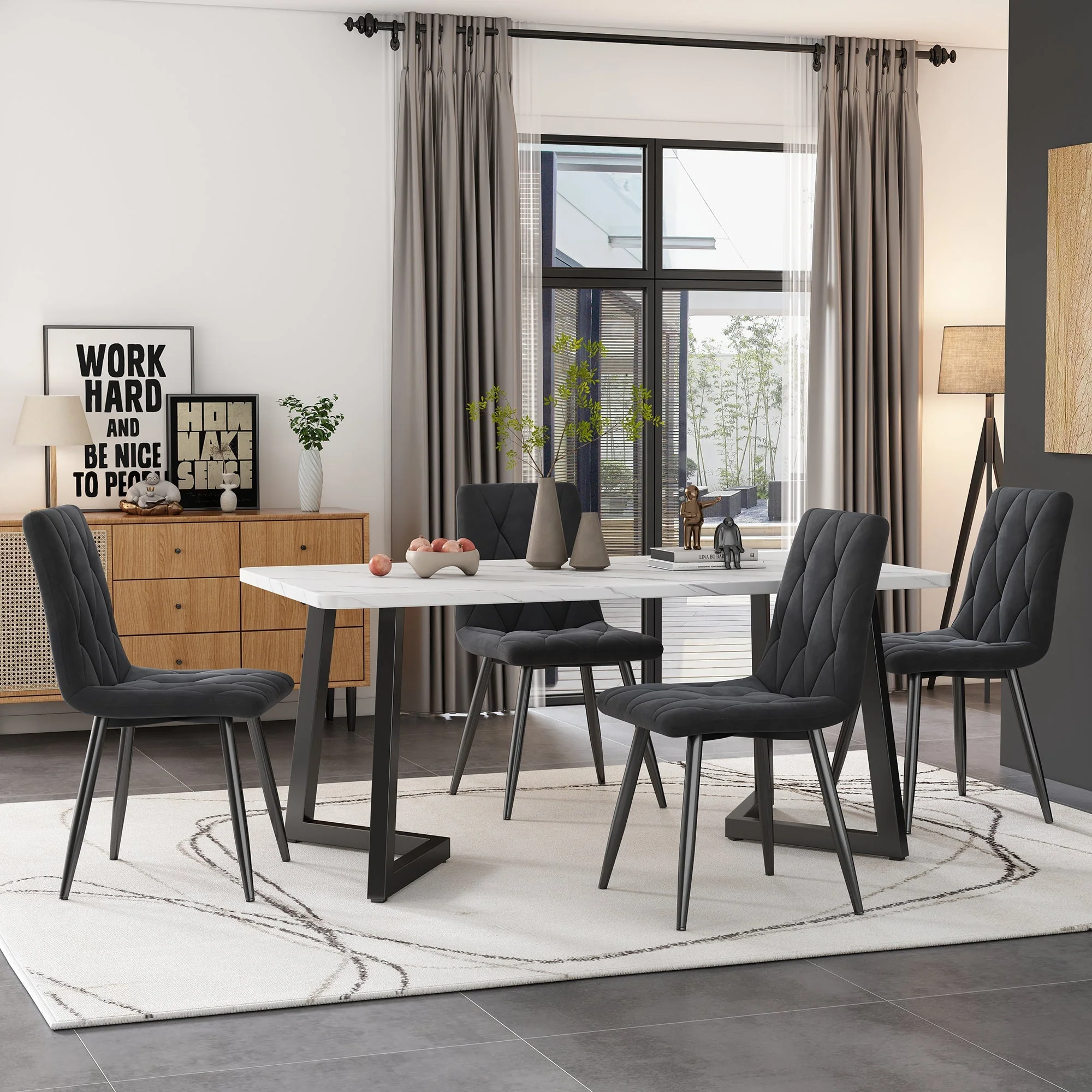 4 Dining Chairs Upholstered with Backrest Metal Legs Dark Grey Twill Velvet - Image 3