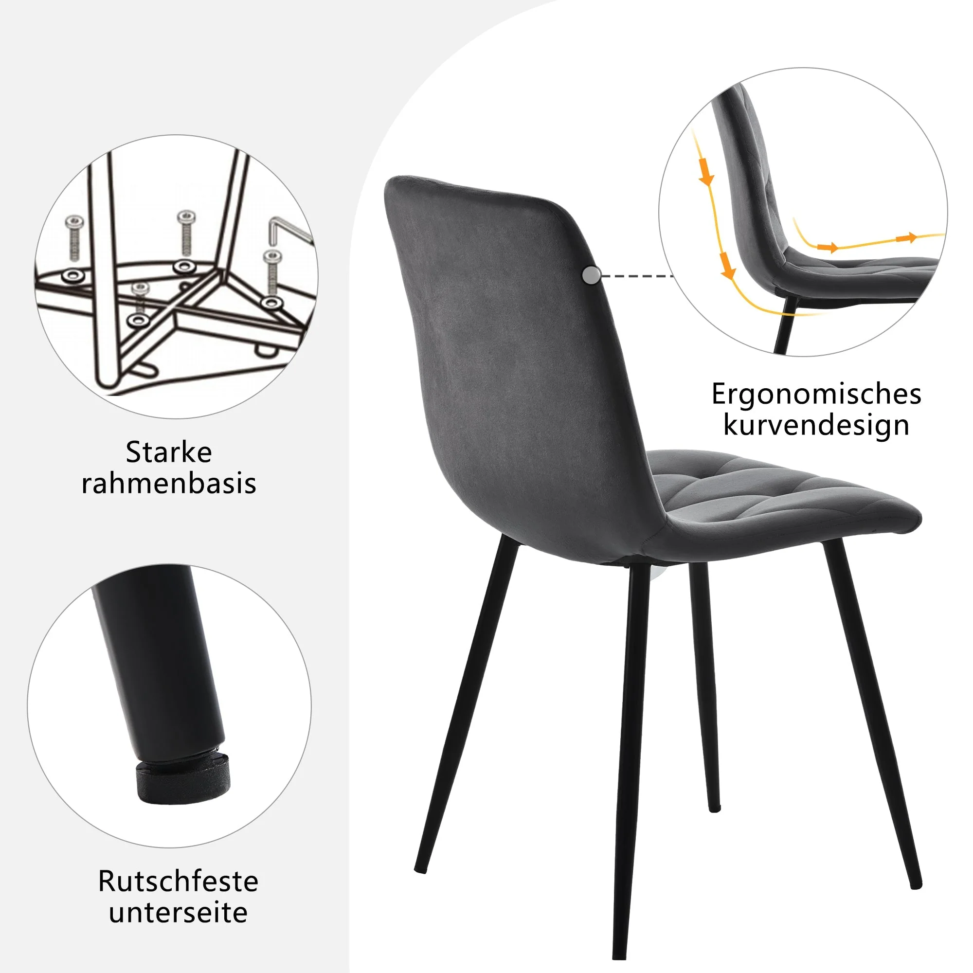 4 Dining Chairs Upholstered with Backrest Metal Legs Dark Grey Twill Velvet - Image 6
