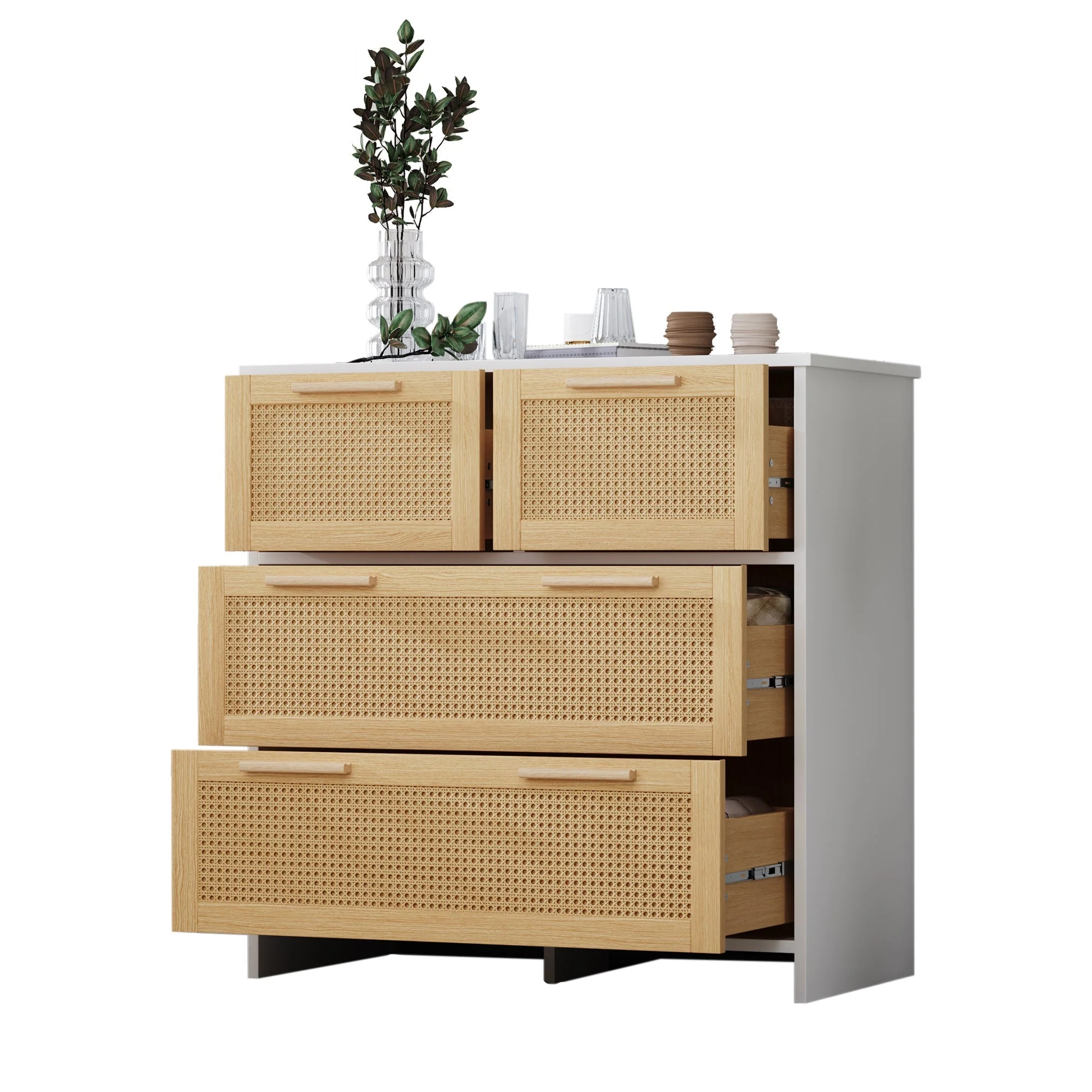 4-drawer rattan cabinet with solid wood handles - Image 3