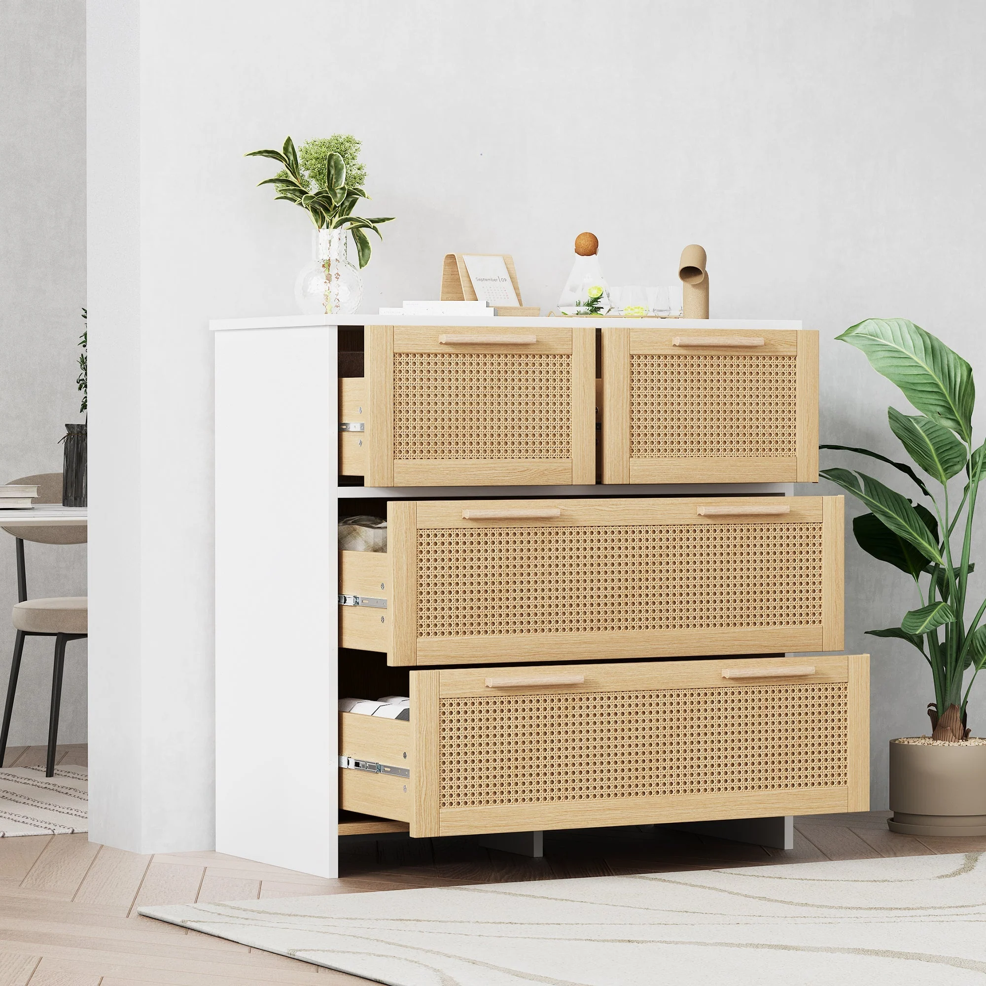 4-drawer rattan cabinet with solid wood handles - Image 5