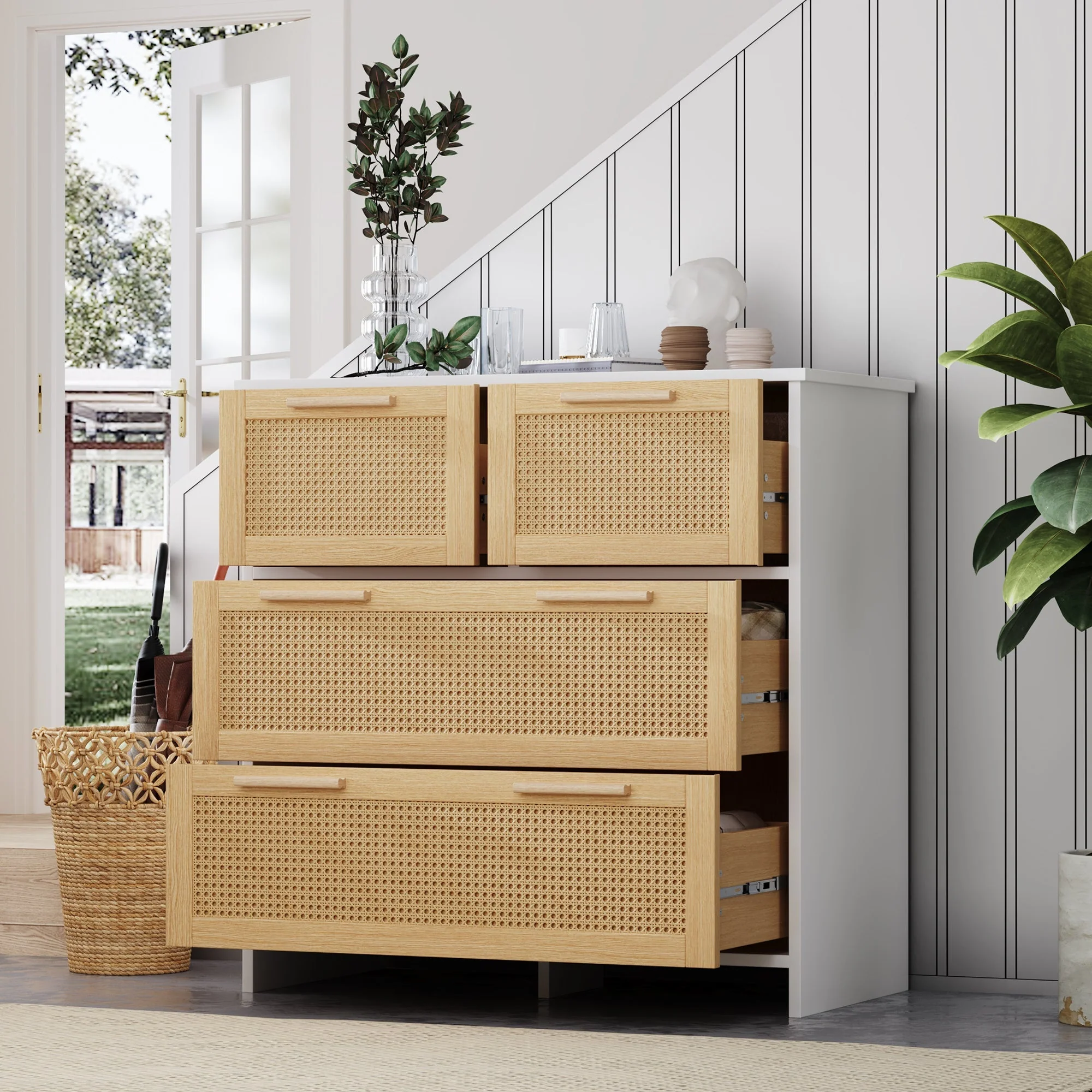 4-drawer rattan cabinet with solid wood handles - Image 8