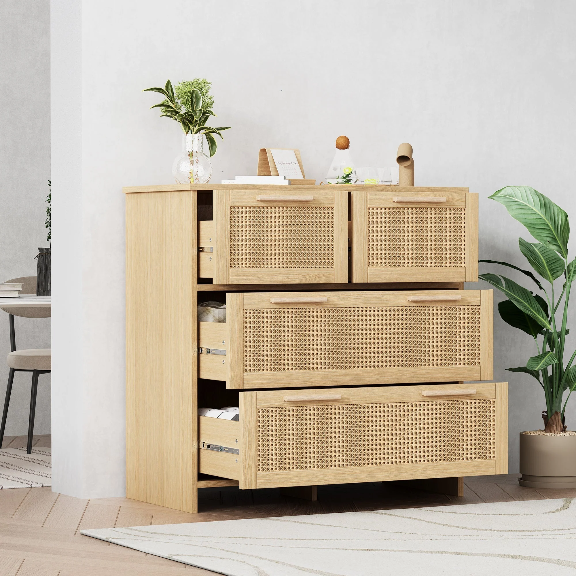4-drawer rattan cabinet with solid wood handles - suitable for bedroom, living room, dining room, hallway, W80/H80/D38 cm. - Image 8