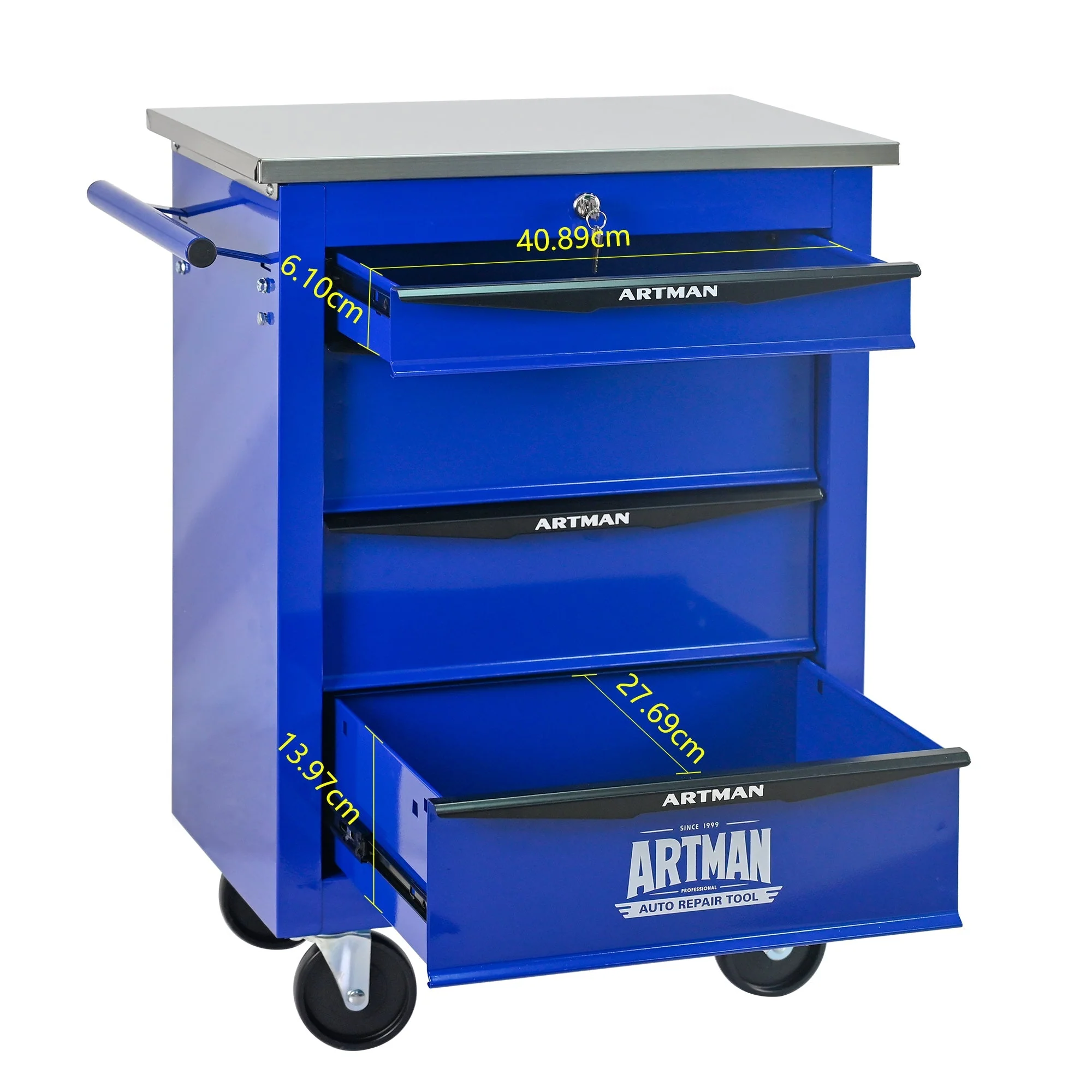 4-Drawer Tool Trolley, Multifunctional Rolling Storage, Metal, Black & Blue - Image 6