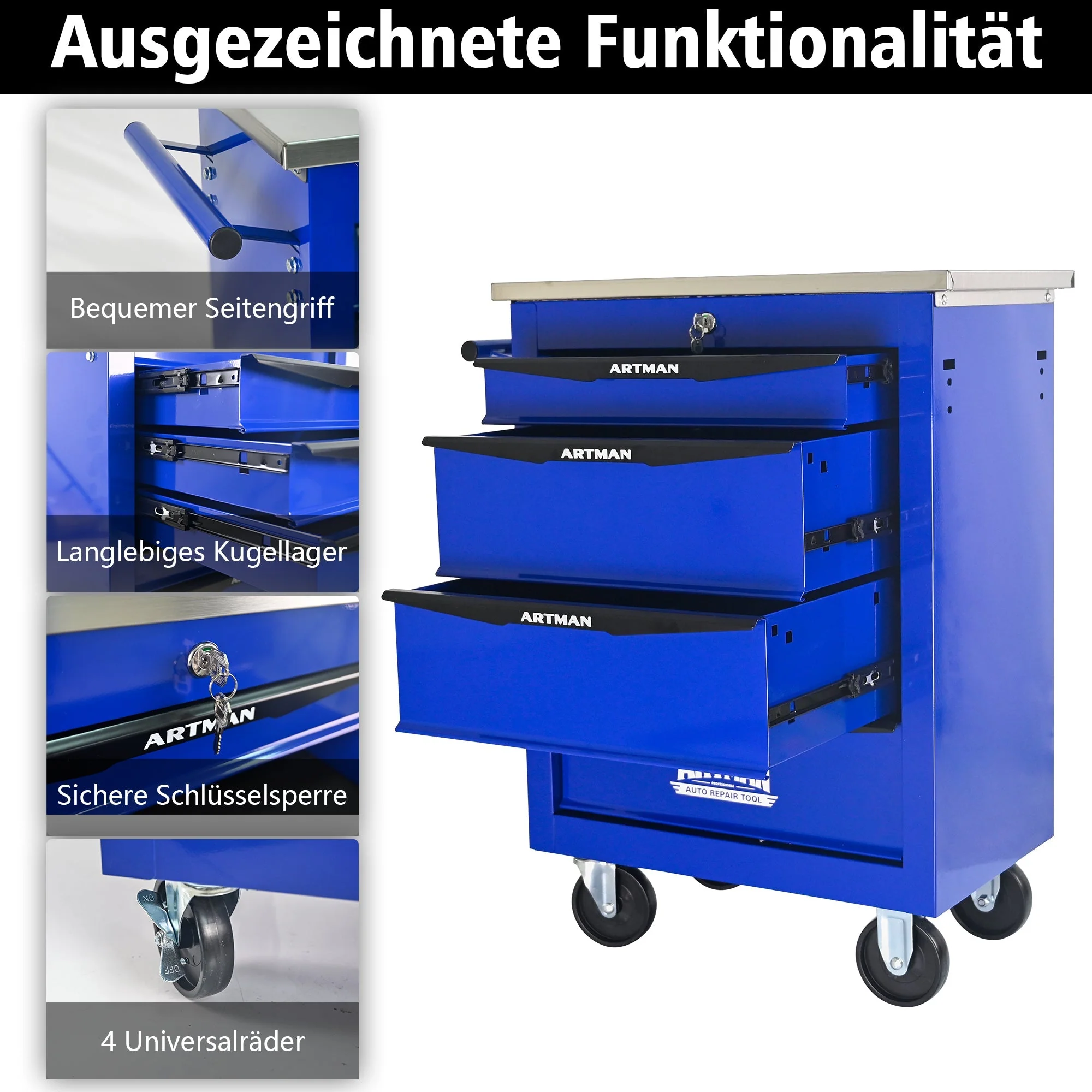 4-Drawer Tool Trolley, Multifunctional Rolling Storage, Metal, Black & Blue - Image 8