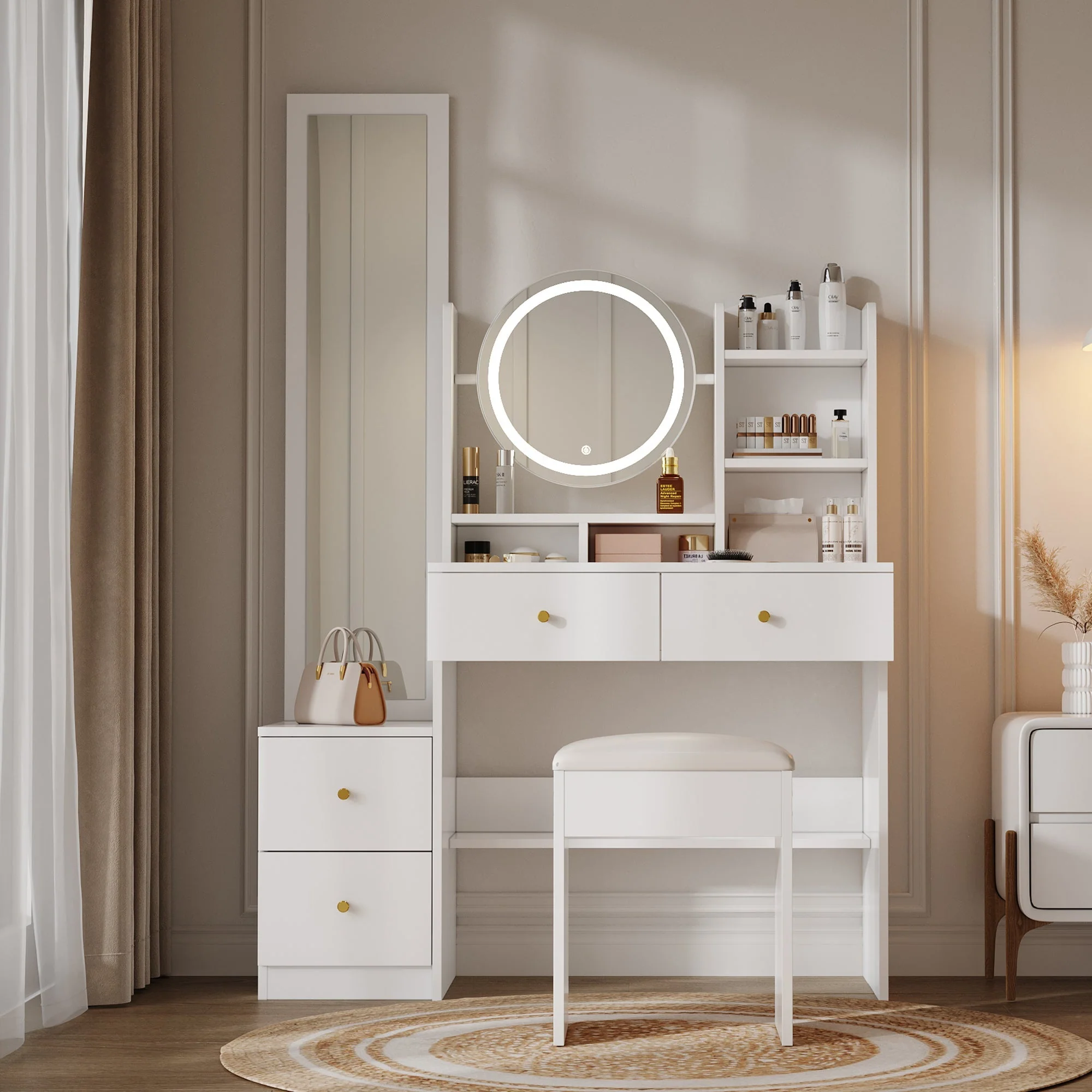 4-in-1 shoe cabinet makeup table with full-length mirror, 3-color led lighting, metal handle, white - Image 5