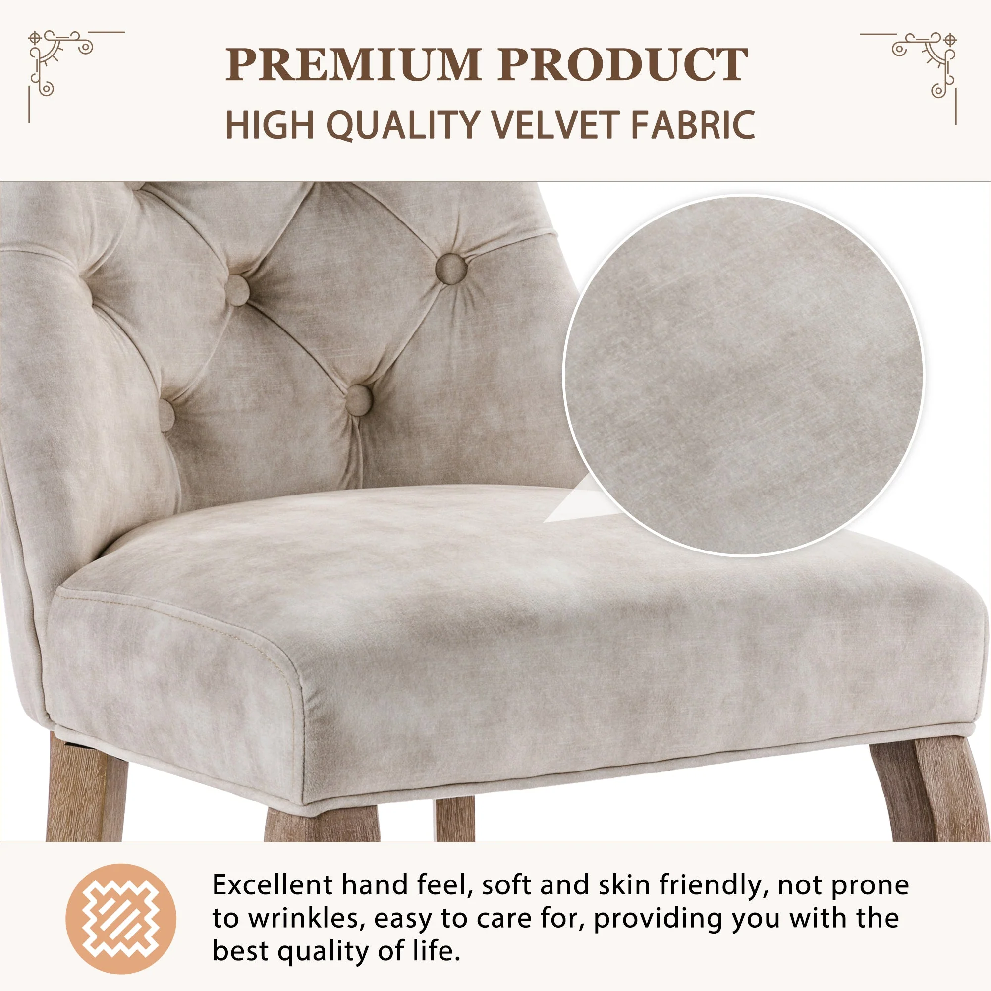 4-Legged Dining Chair Set, High Back Button Tufted Solid Wood (Set of 4), Light Beige Velvet - Image 10