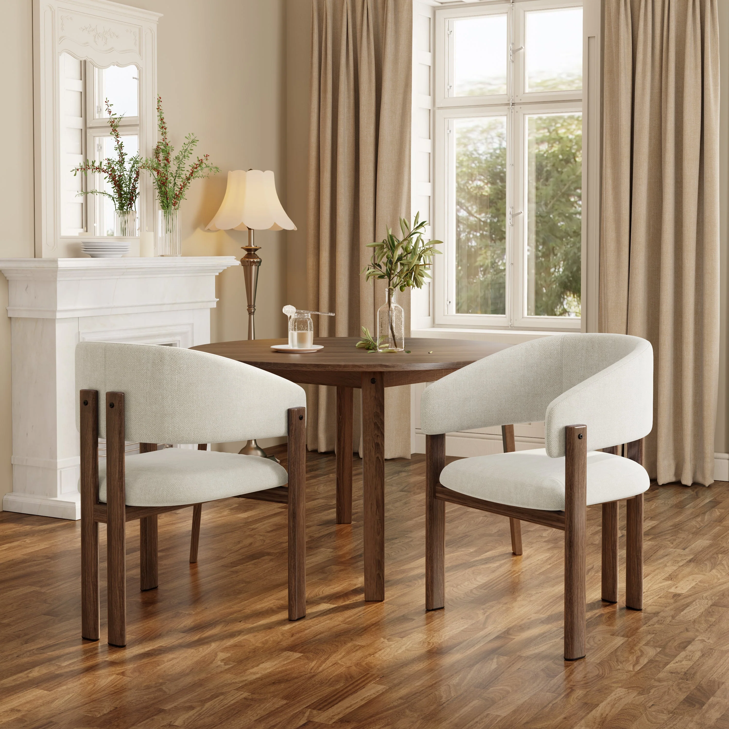 4 Metal Dining Chairs Modern Wood Look Linen Fabric Seat Walnut Color - Image 3