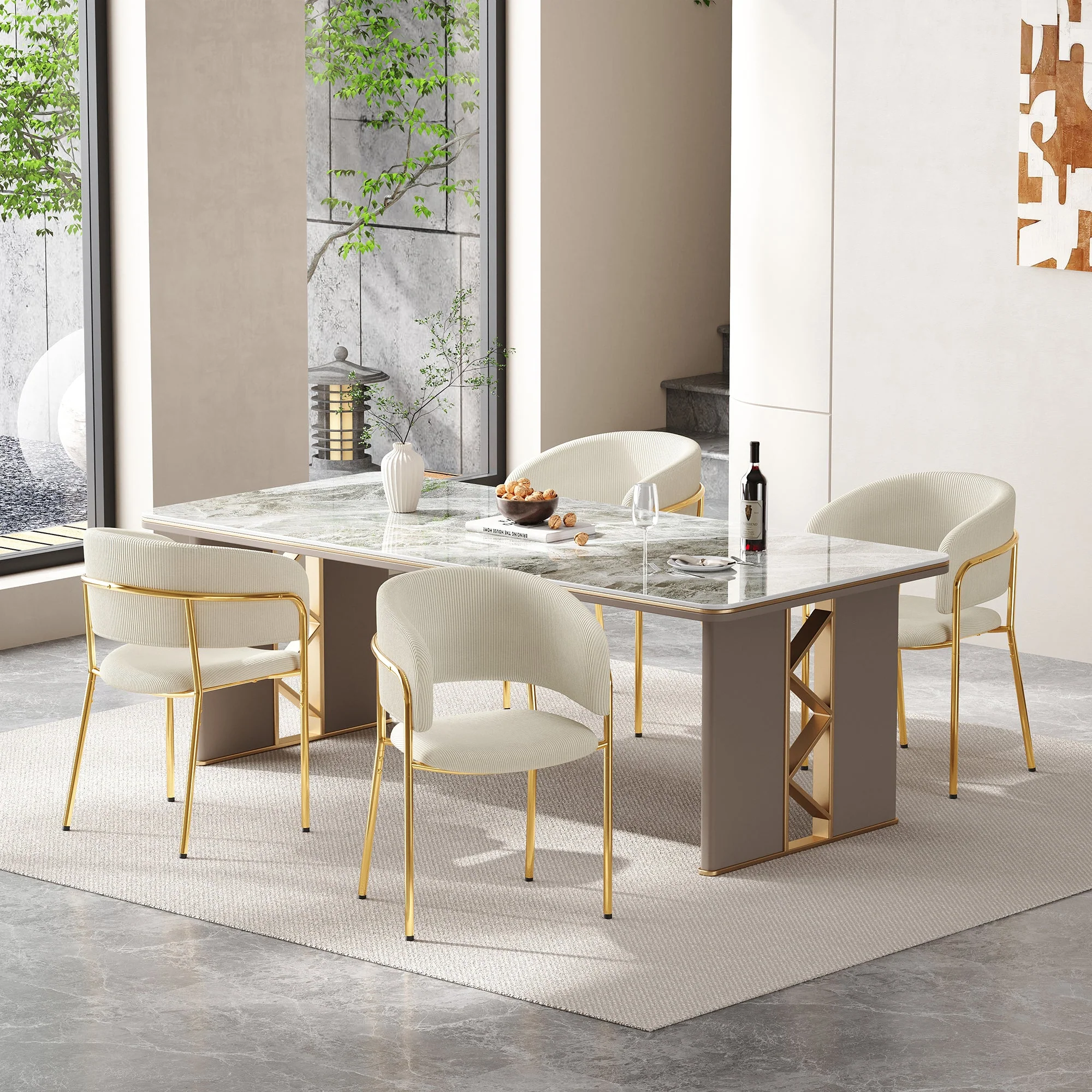 4 Modern Chairs Angled Legs, Adjustable Feet Corduroy Fabric (Beige)