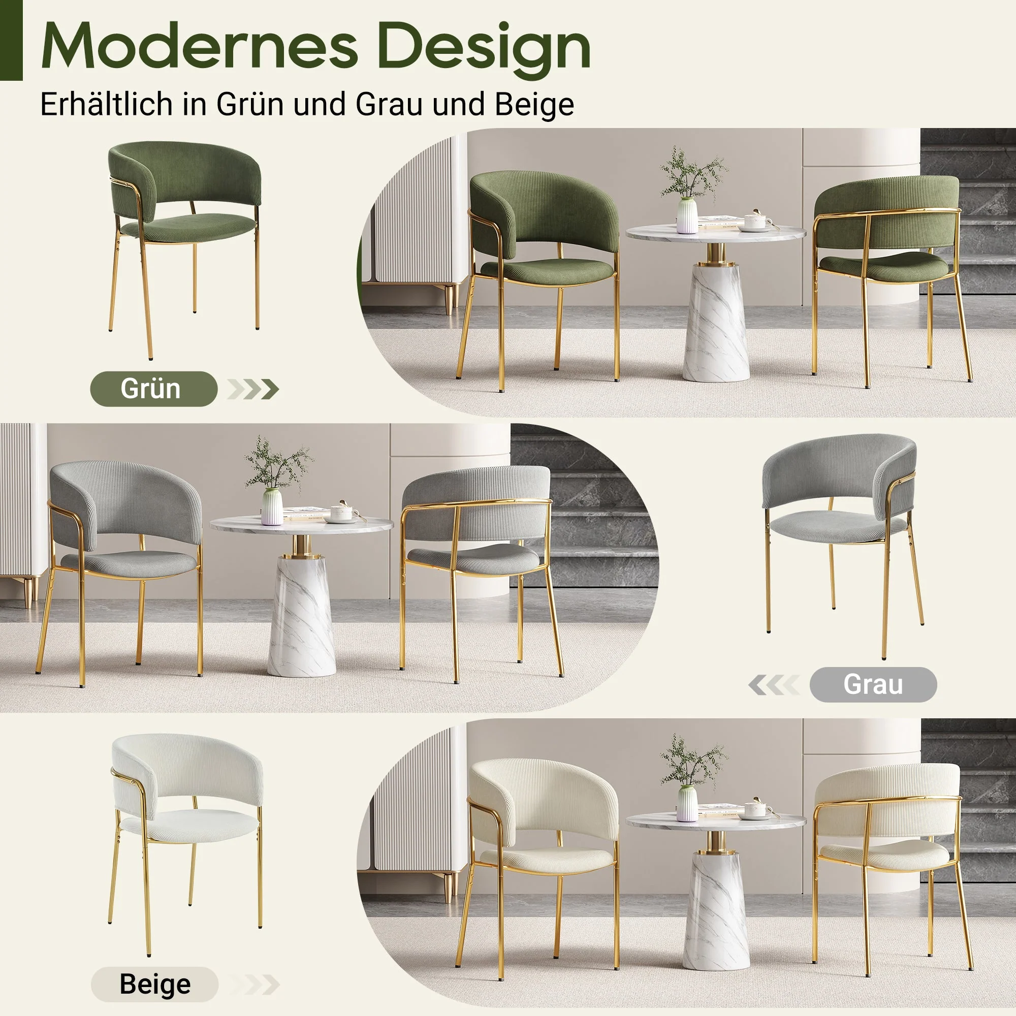 4 Modern Chairs Angled Legs, Adjustable Feet Corduroy Fabric (Beige) - Image 5