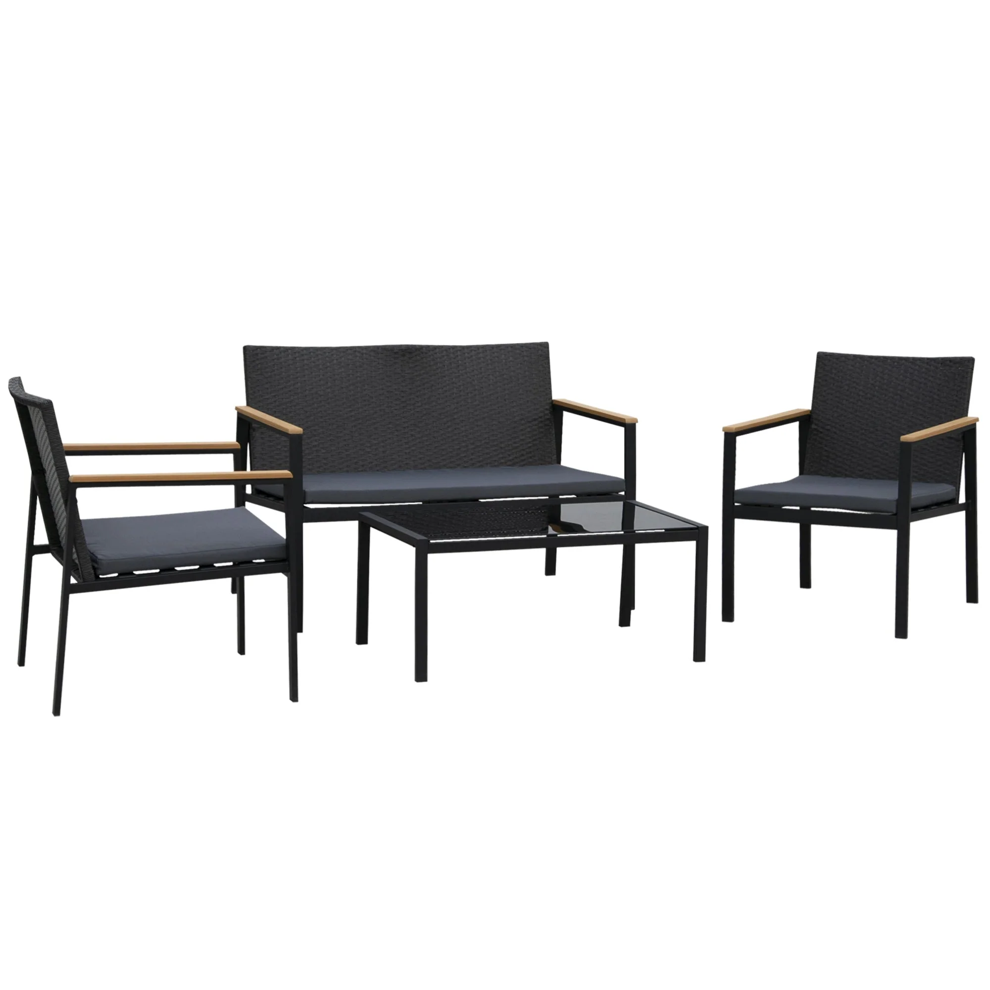 4 Piece Rattan Garden Furniture Set, 4 Seater Sofa Loveseat Armchairs Glass Table, Black - Image 2