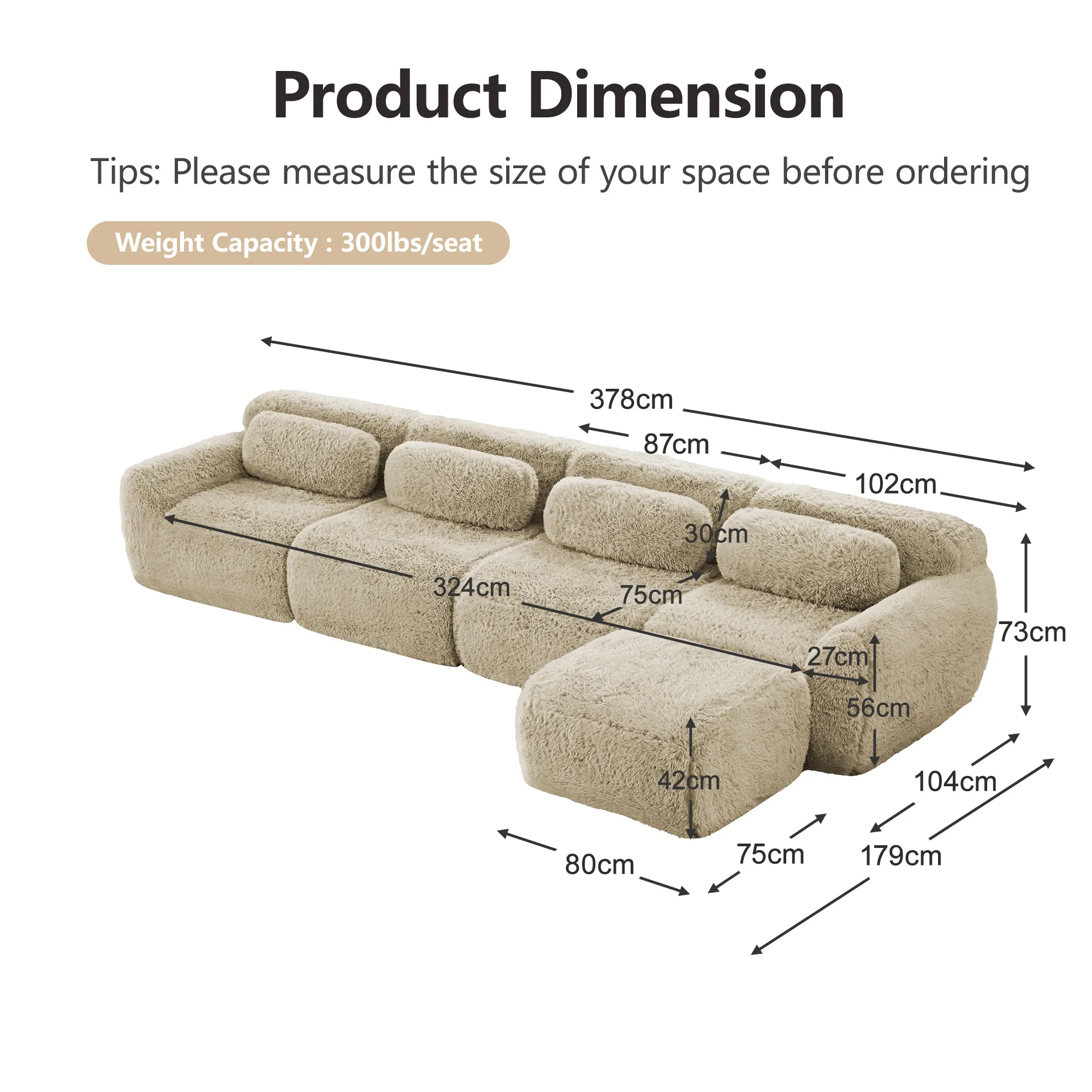 4-Seater L-Shaped Sofa Modular Chaise Plush Fabric - Light Khaki - Image 7