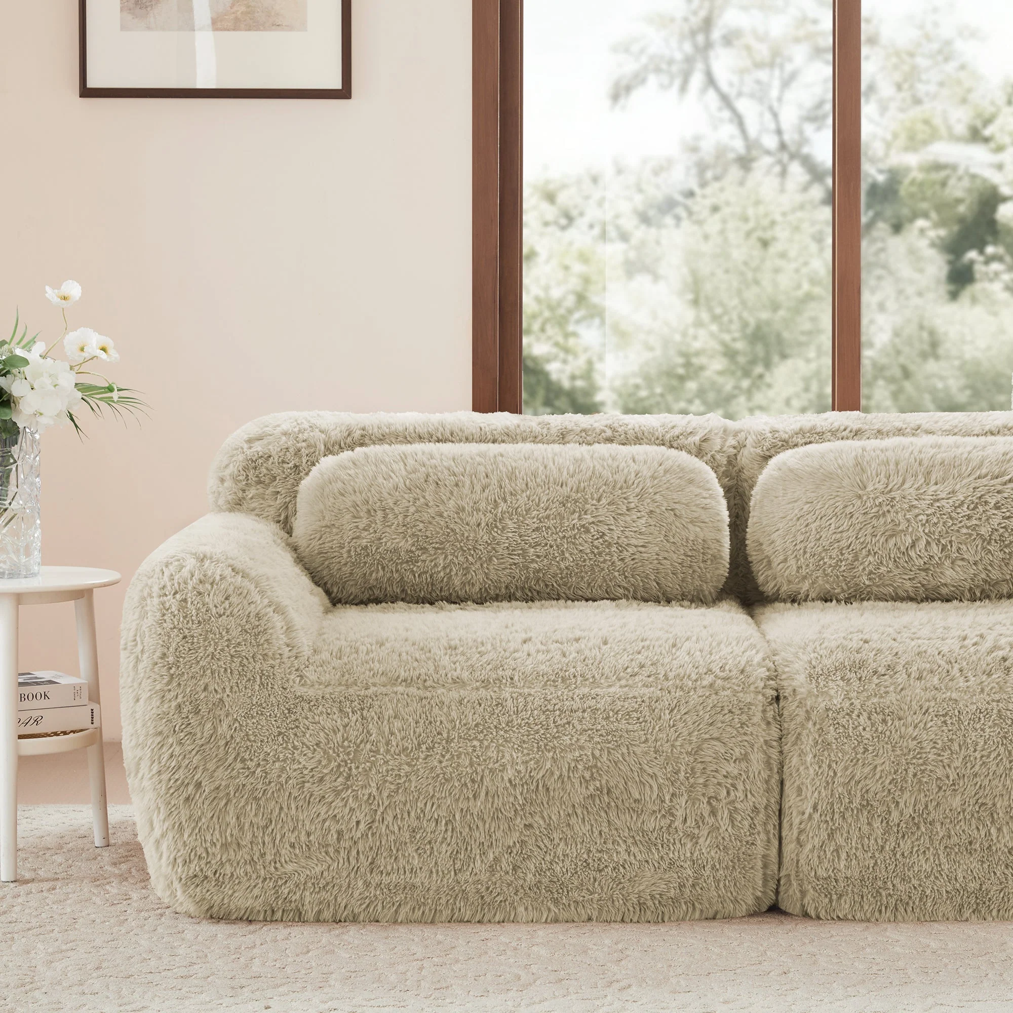 4-Seater L-Shaped Sofa Modular Chaise Plush Fabric - Light Khaki - Image 9