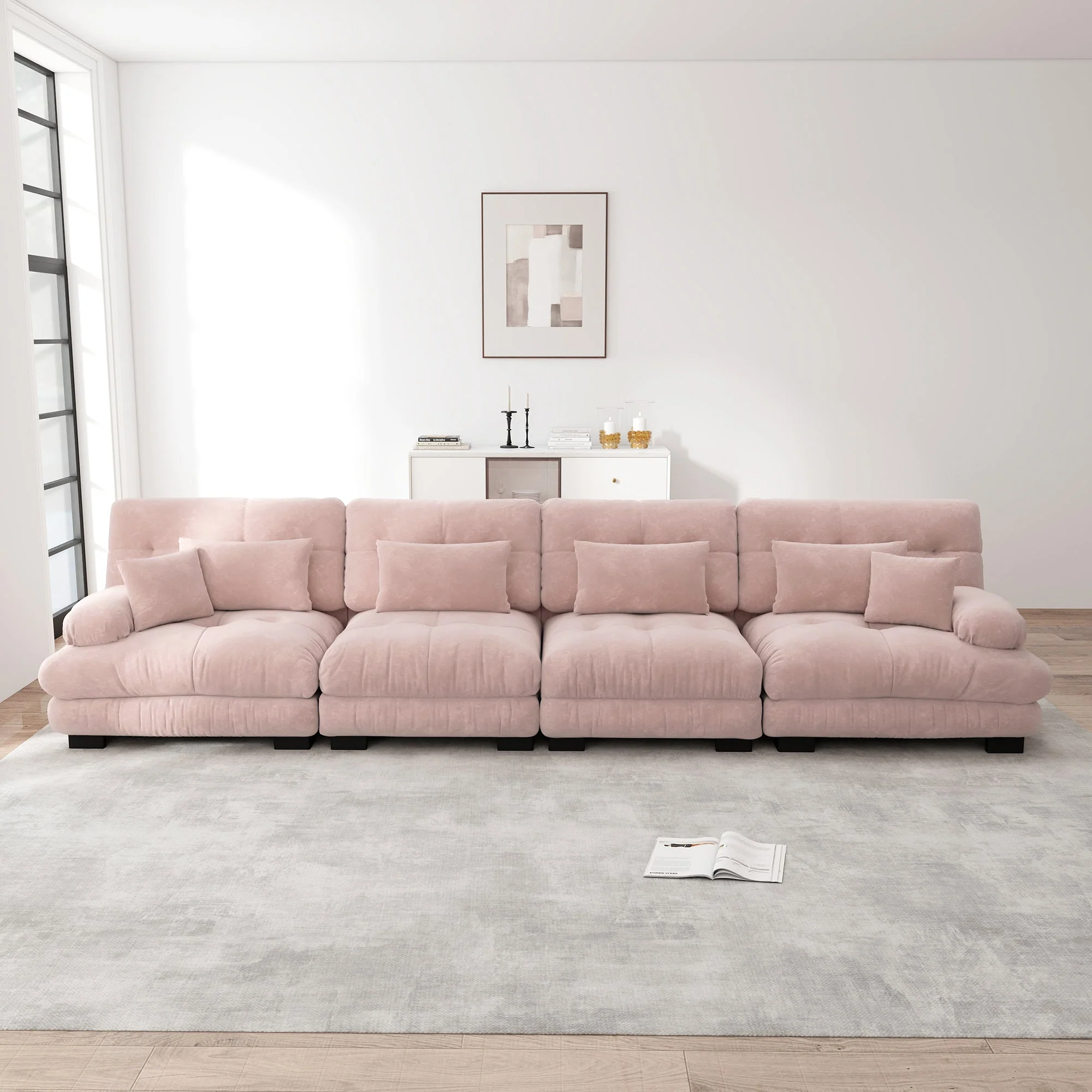 4-Seater Modular Corner Sofa, Deep Seat Sofa Bed, Chenille Pink