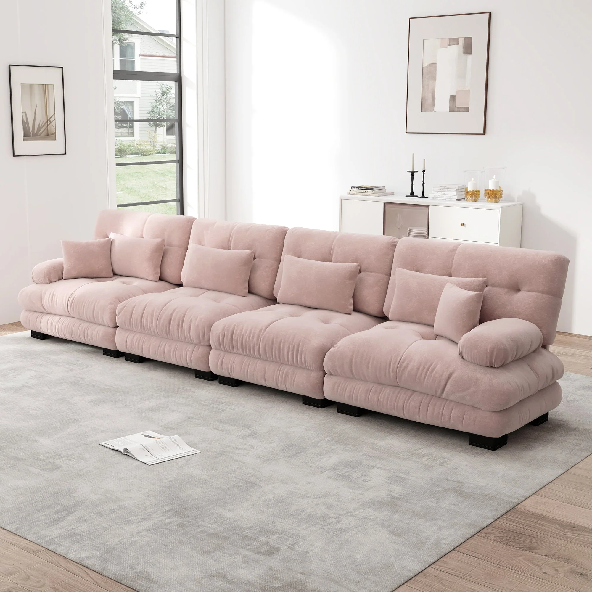 4-Seater Modular Corner Sofa, Deep Seat Sofa Bed, Chenille Pink - Image 2