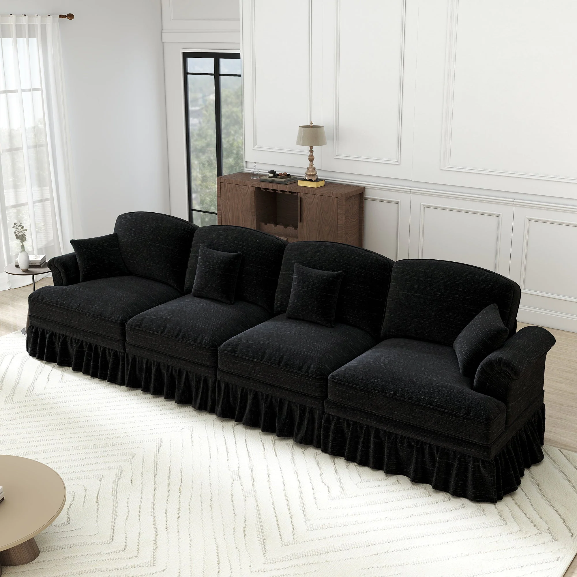 4-Seater Sofa Mid-Century Chenille Spindle Legs - Black - Image 6