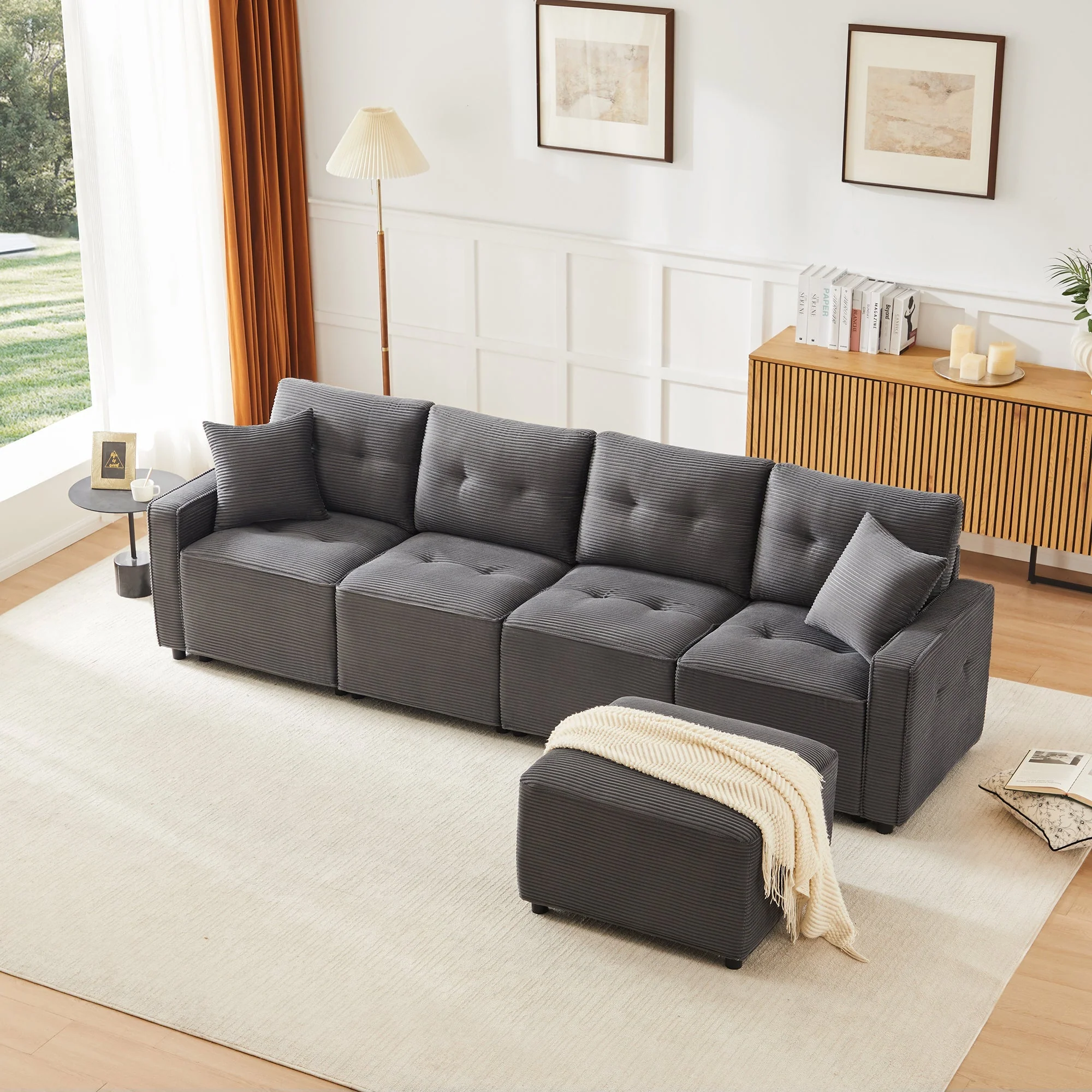 4-Seater Sofa with Storage and Ottoman, Grey Corduroy - Image 5