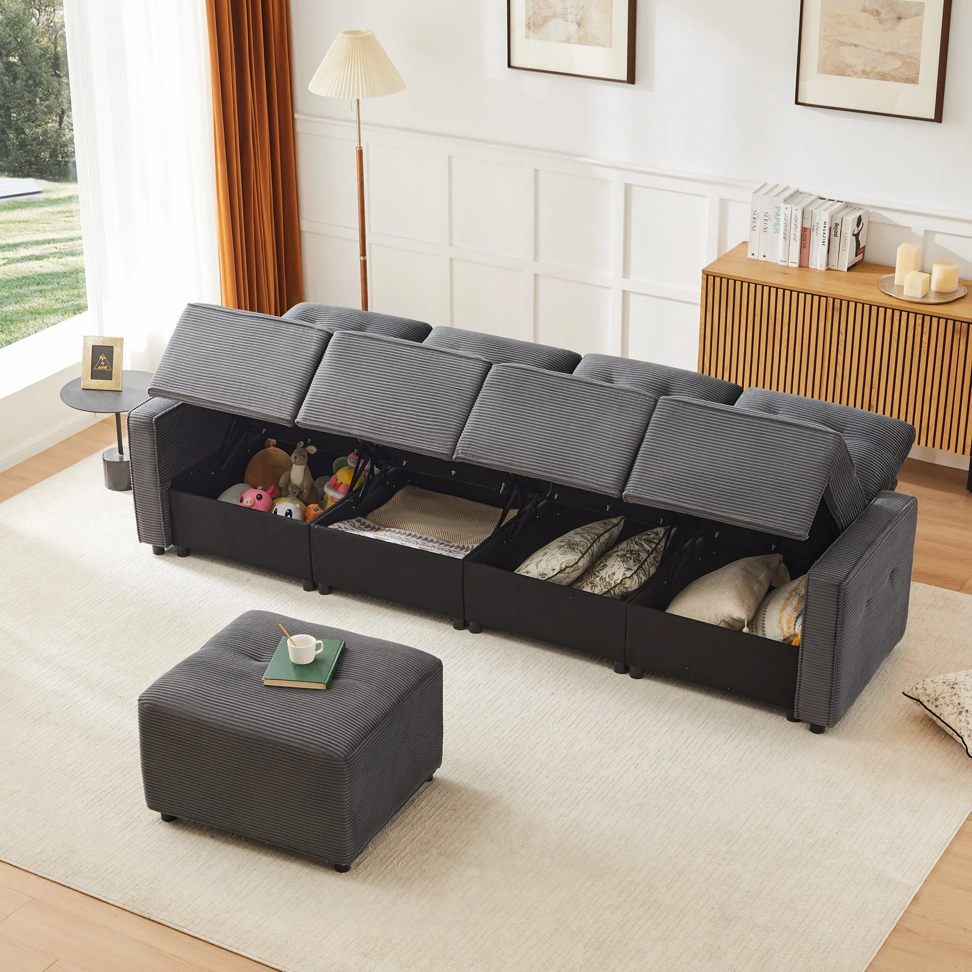 4-Seater Sofa with Storage and Ottoman, Grey Corduroy - Image 8