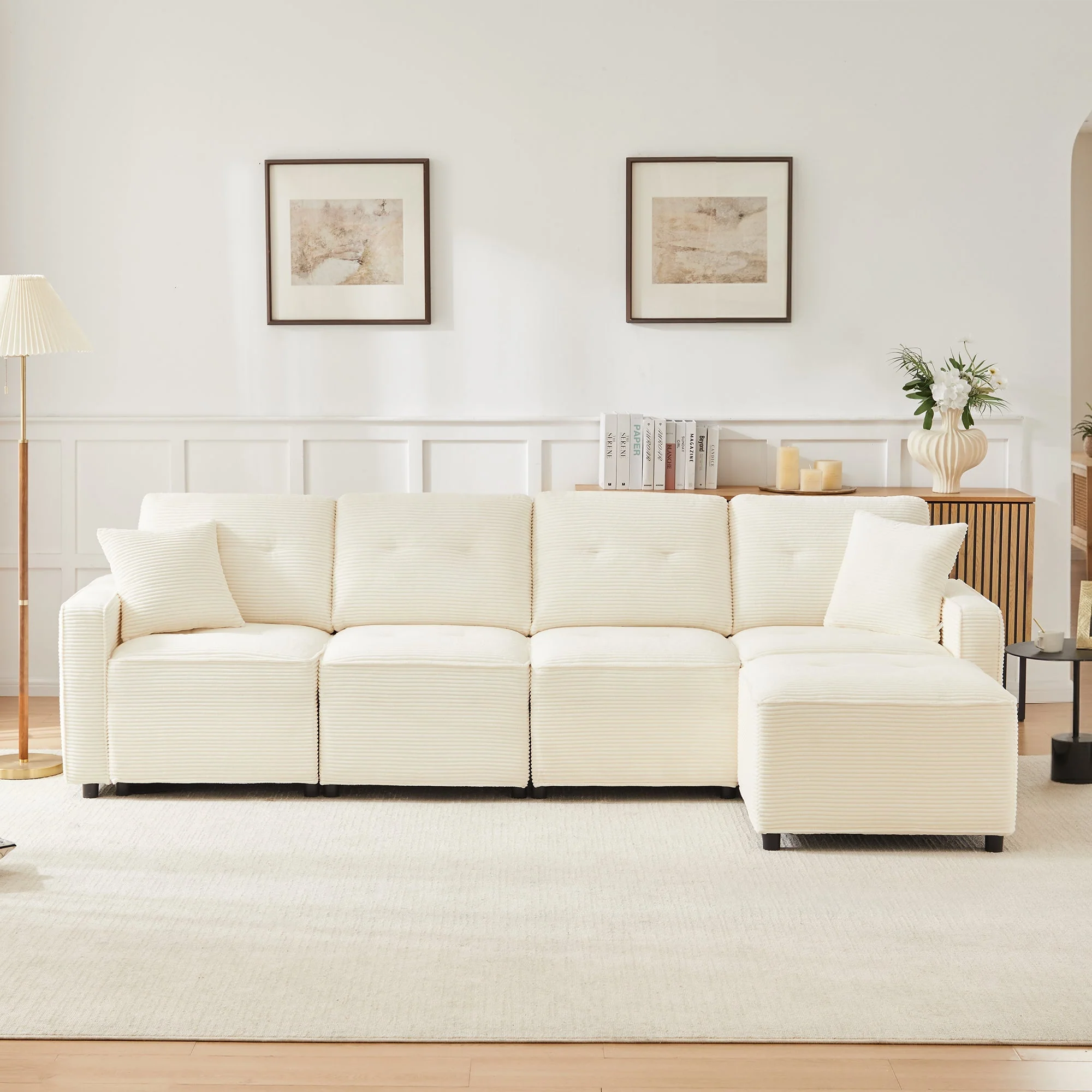 4-Seater Straight Corduroy Sofa with Under-Seat Storage and Freestanding Ottoman, Beige - Image 5