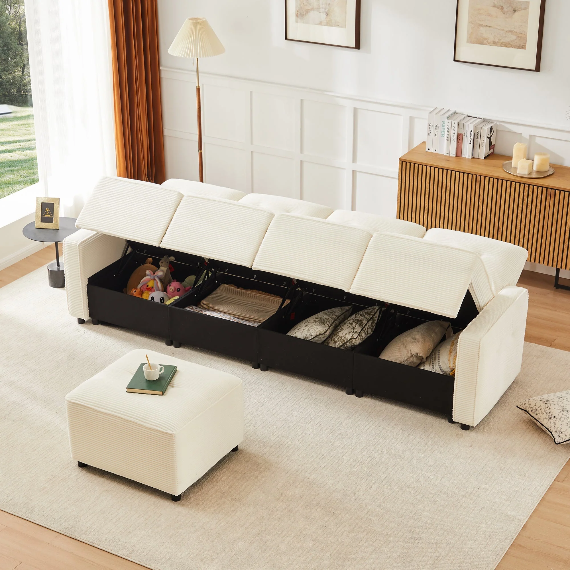 4-Seater Straight Corduroy Sofa with Under-Seat Storage and Freestanding Ottoman, Beige - Image 8