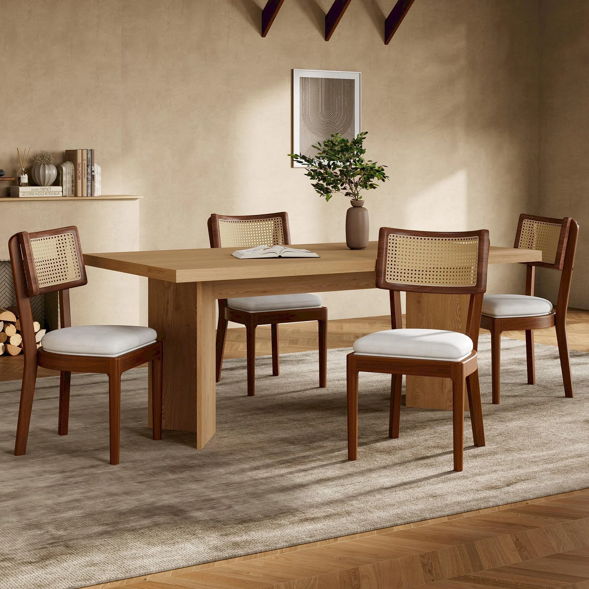 4 Solid Wood Dining Chairs Rattan Backrests Linen - Walnut