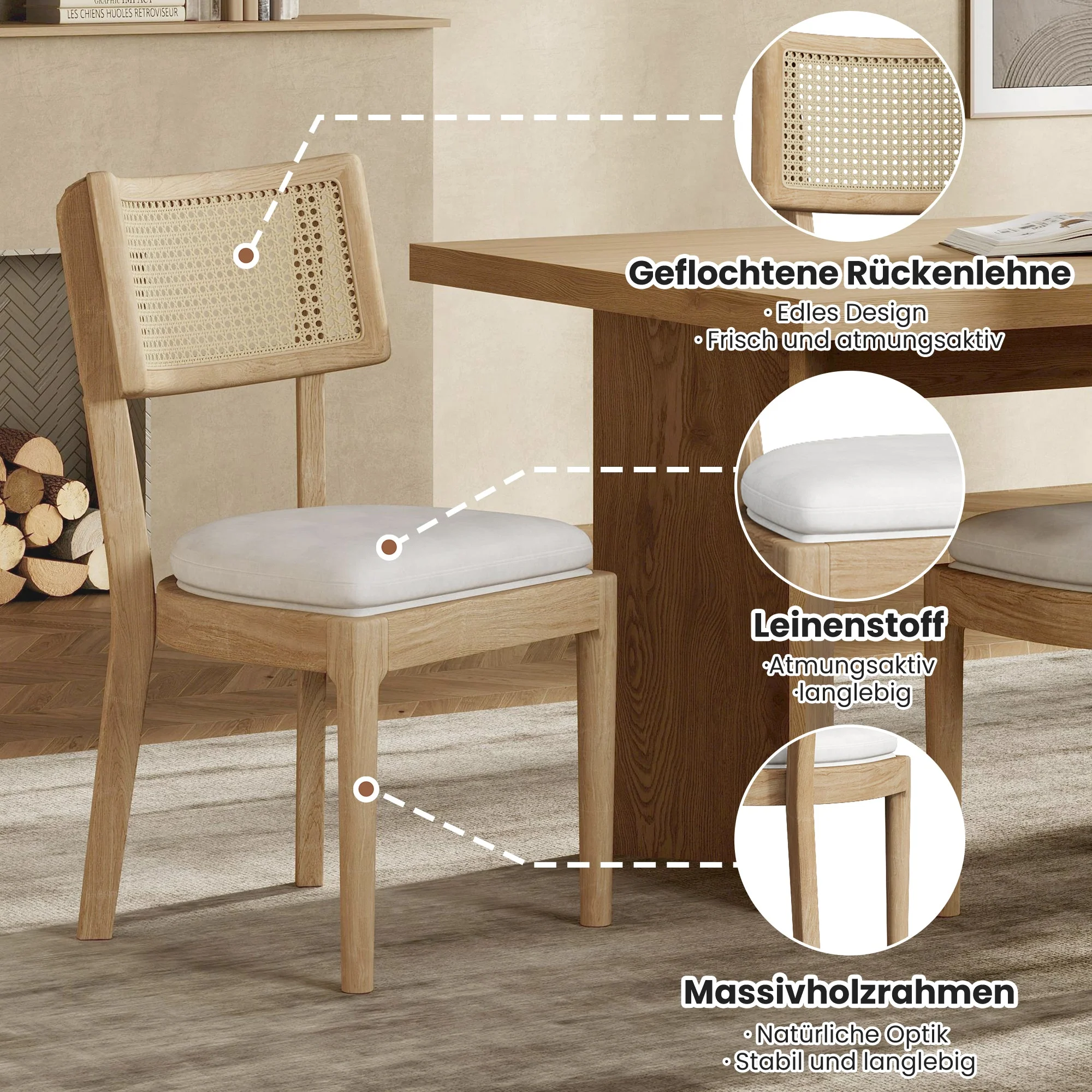 4 Solid Wood Dining Chairs, Rattan Backrests, Modern Style, Linen/Wood Color - Image 2