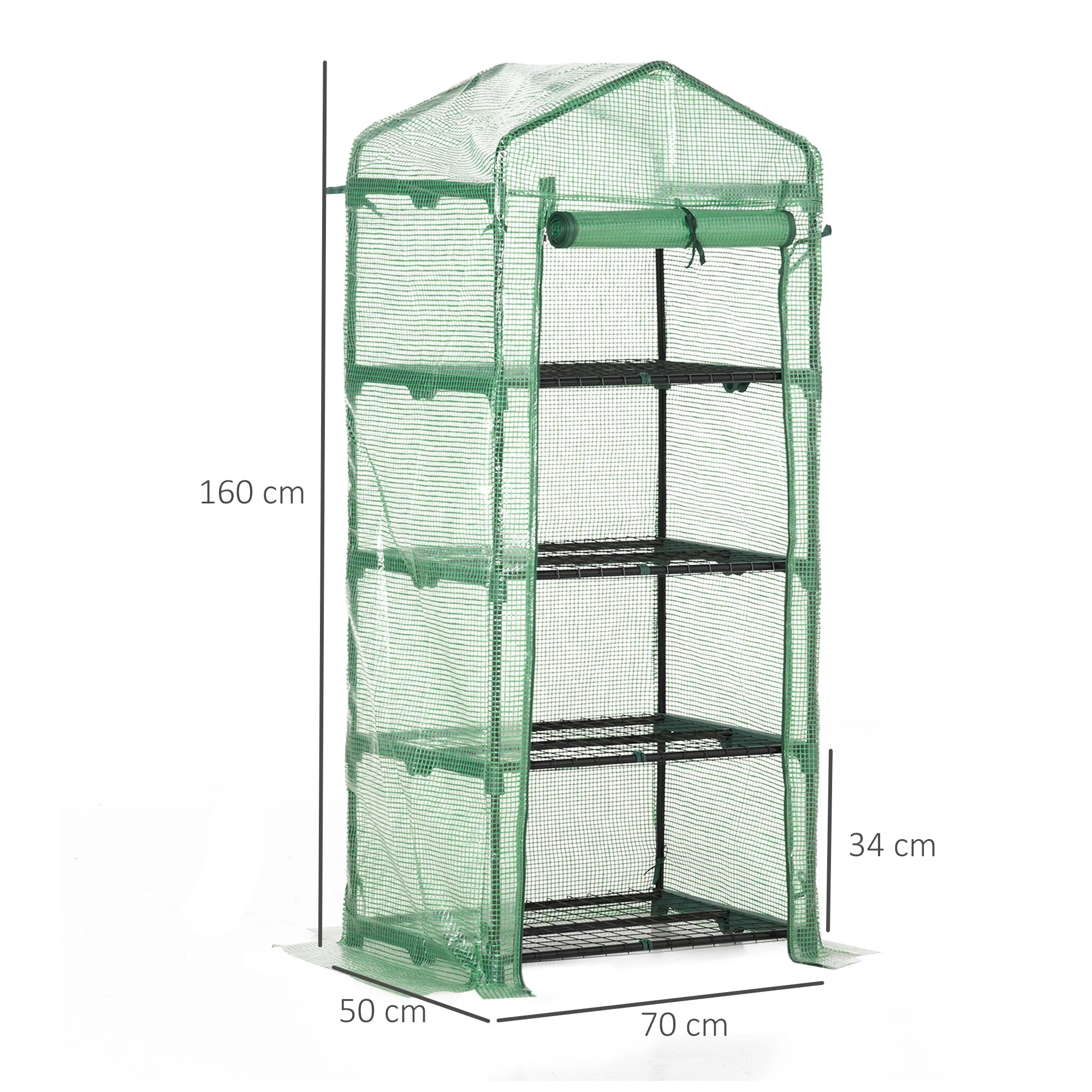 4 Tier Mini Greenhouse, Portable Steel Frame Roll-up Door PE Cover, Green - Image 3