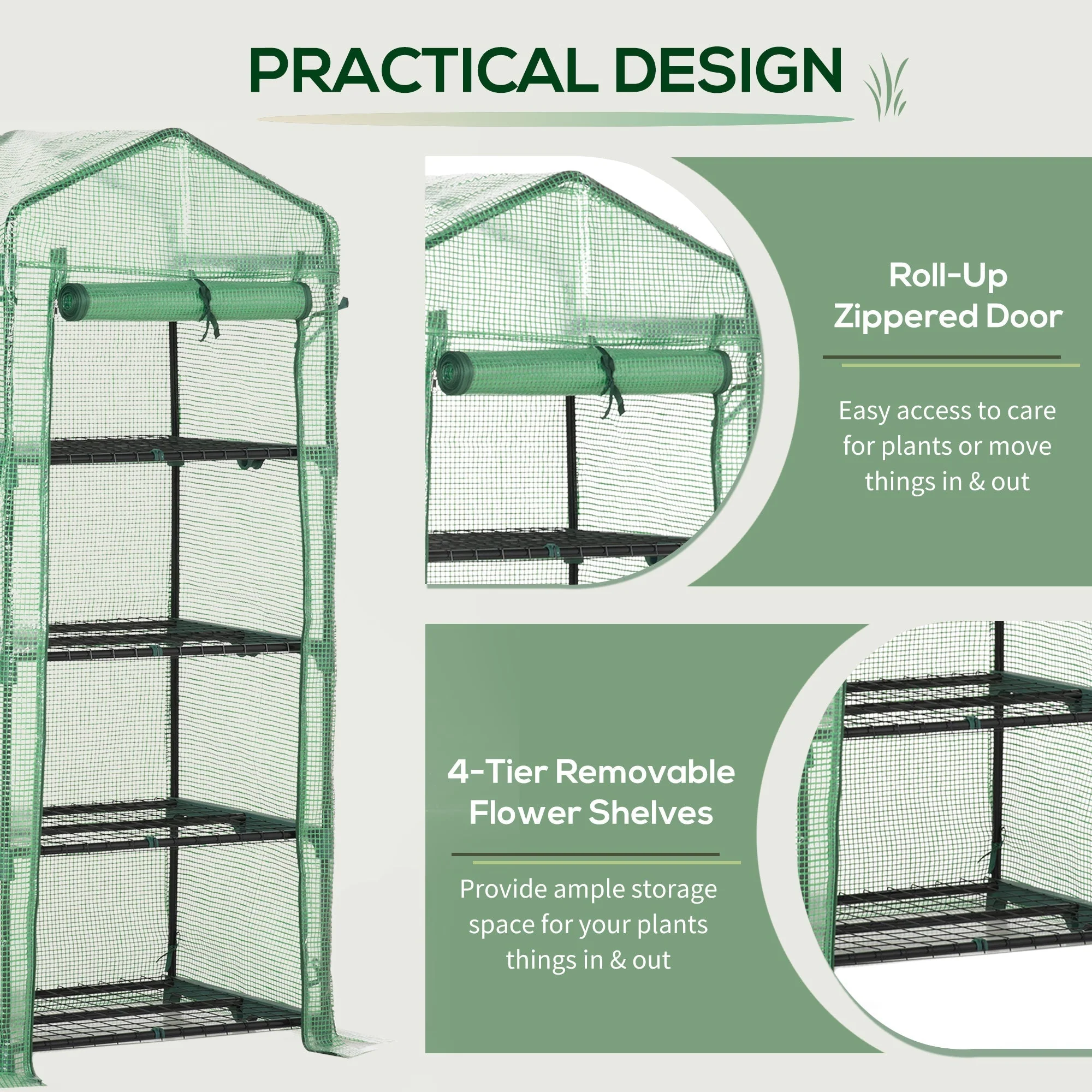 4 Tier Mini Greenhouse, Portable Steel Frame Roll-up Door PE Cover, Green - Image 6