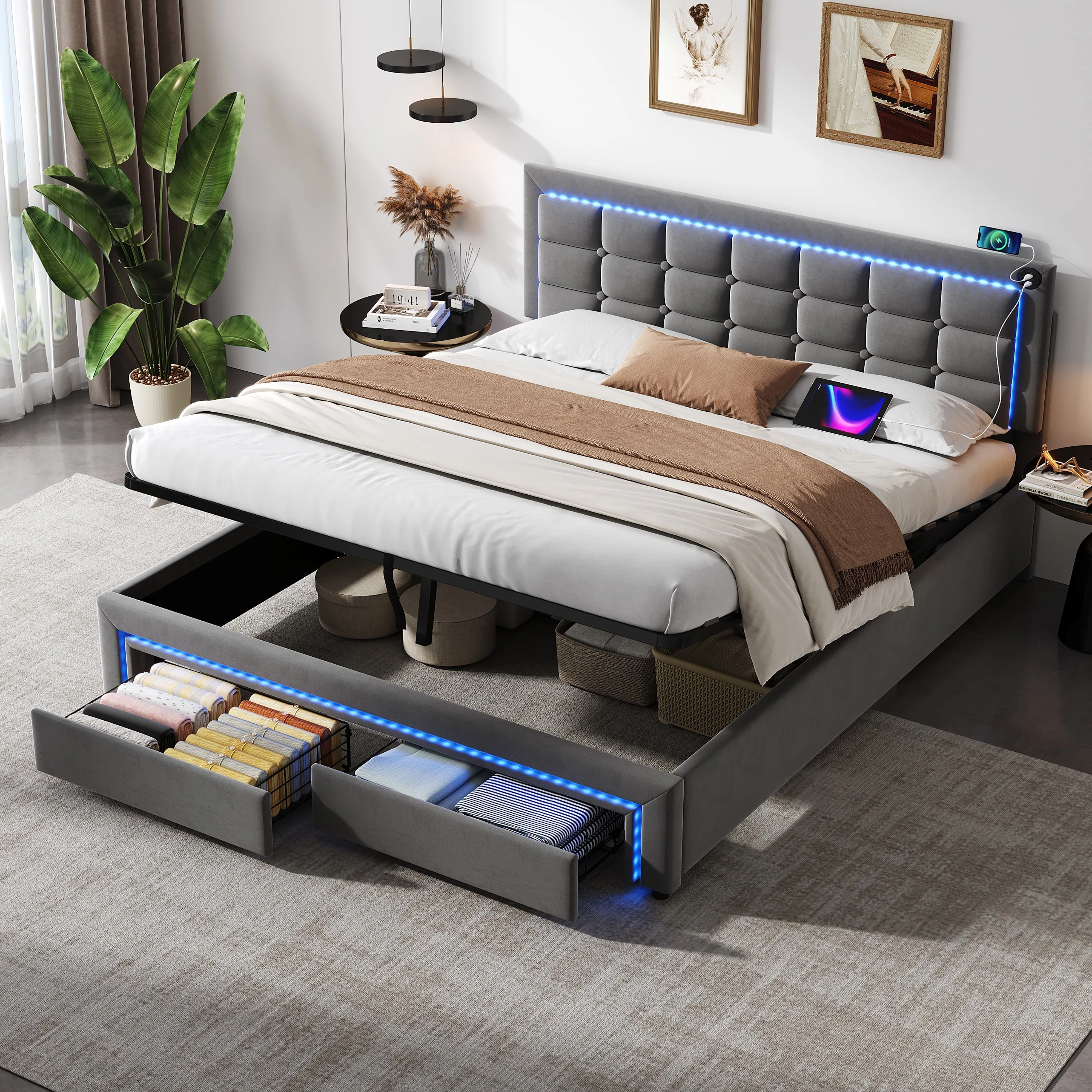 4ft6 Double Upholstered Bed Frame, Hydraulic Storage, LED Headboard, Charging Station, Grey Velvet - Image 2