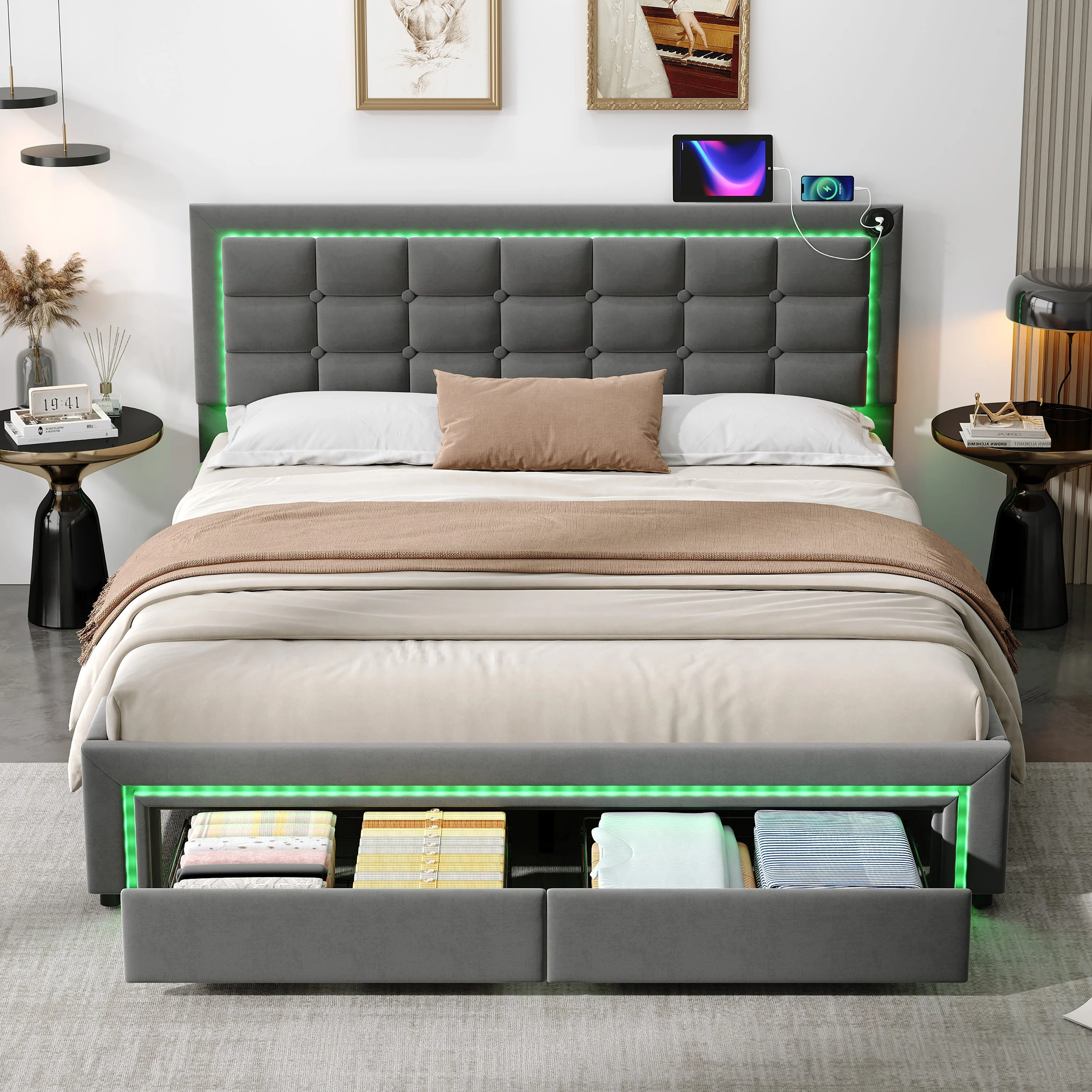 4ft6 Double Upholstered Bed Frame, Hydraulic Storage, LED Headboard, Charging Station, Grey Velvet - Image 5