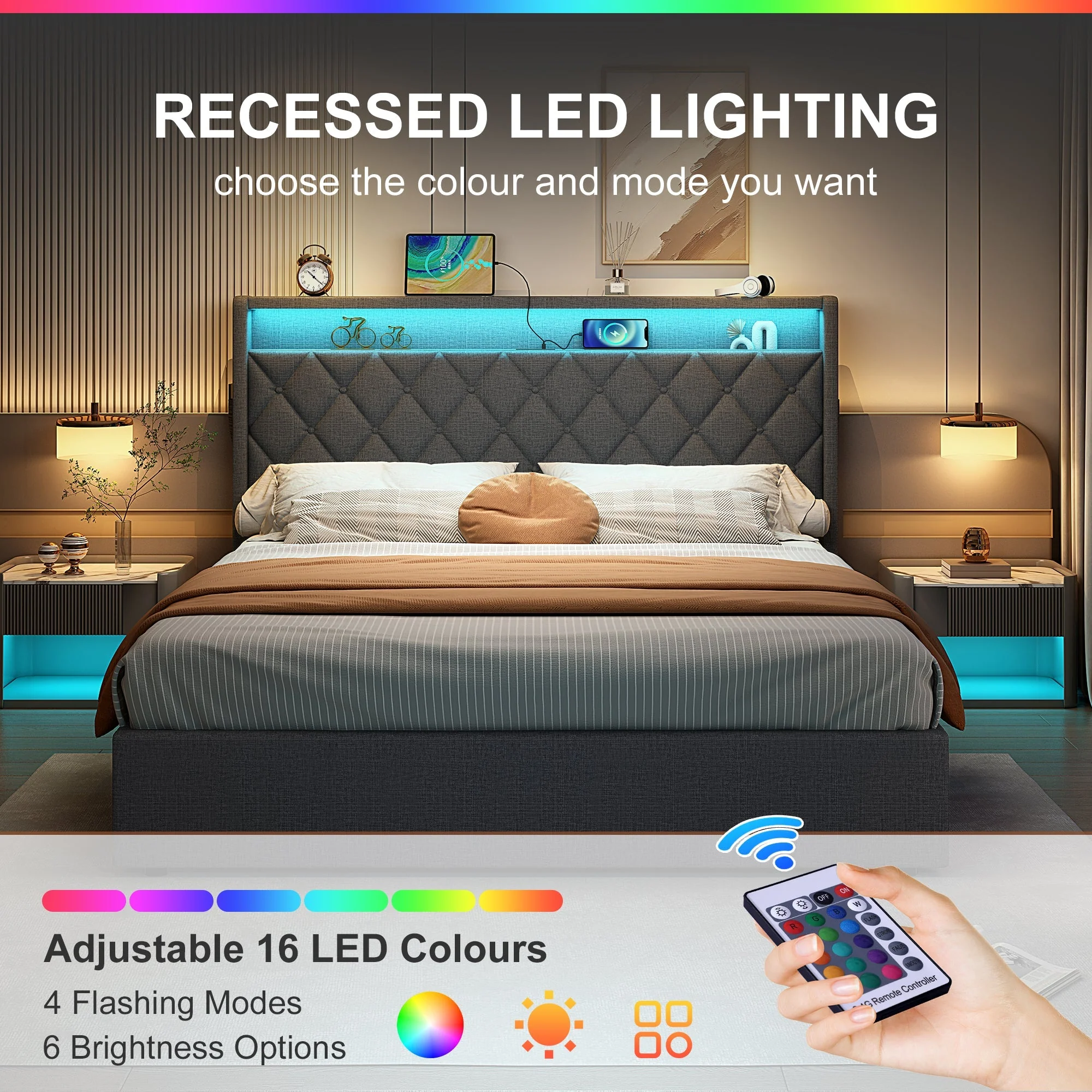 4ft6 Double Upholstered Bed Frame, Hydraulic Storage LED Headboard Charging Station, Linen Grey - Image 5
