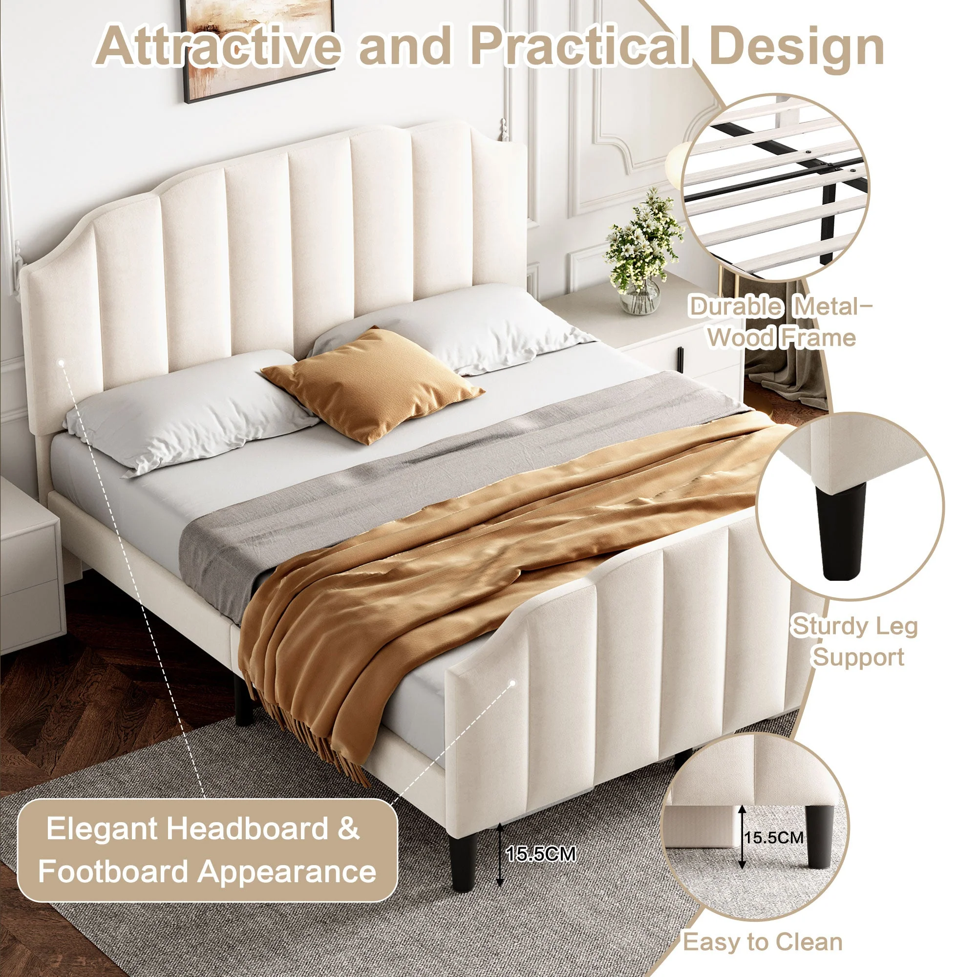 4ft6 Double Upholstered Bed Frame with Adjustable Channel-Tufted Headboard and Solid Wood Slat, Velvet Beige - Image 6