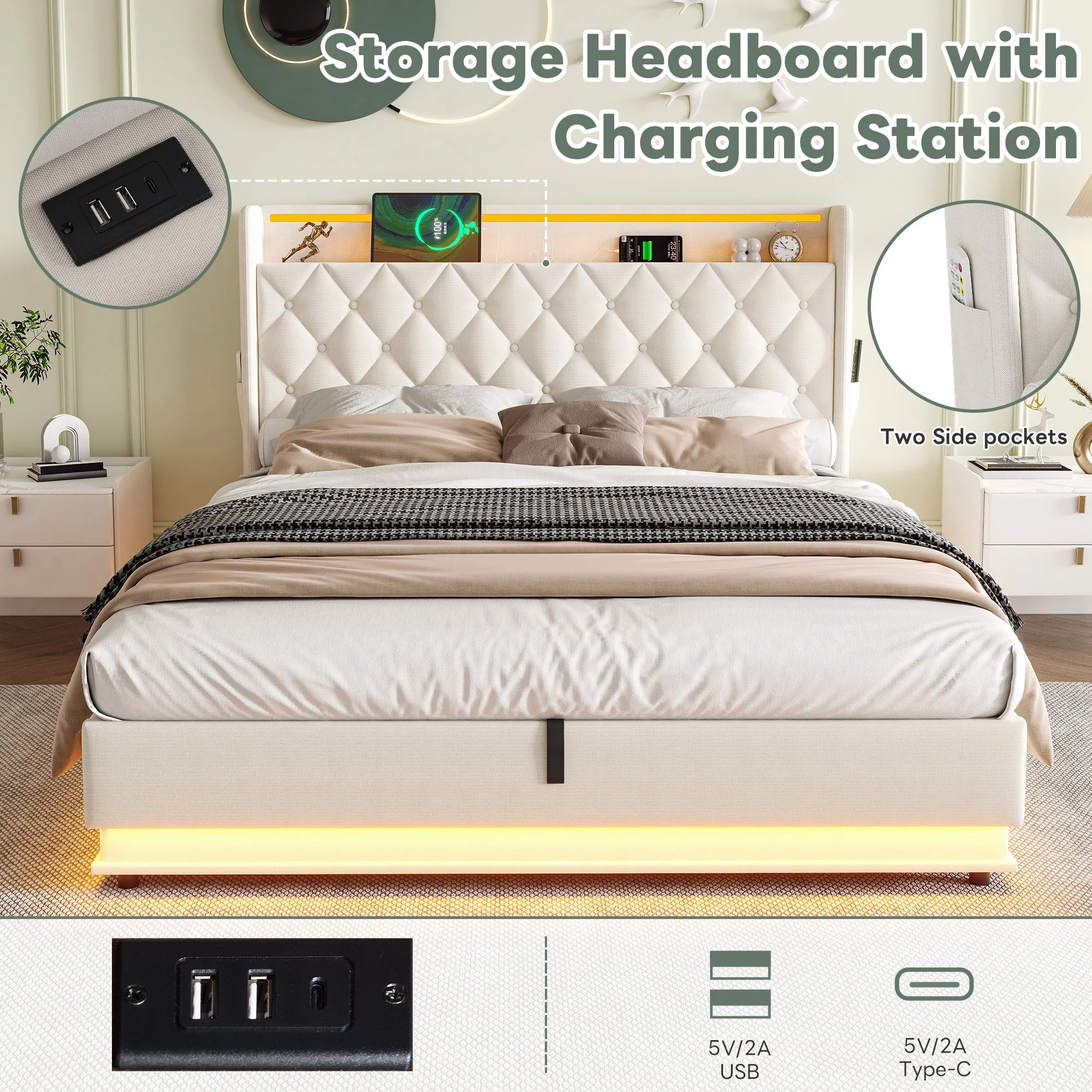4ft6 Double Upholstered Bed Frame with Hydraulic Storage, LED Headboard & Charging Station, Beige - Image 5