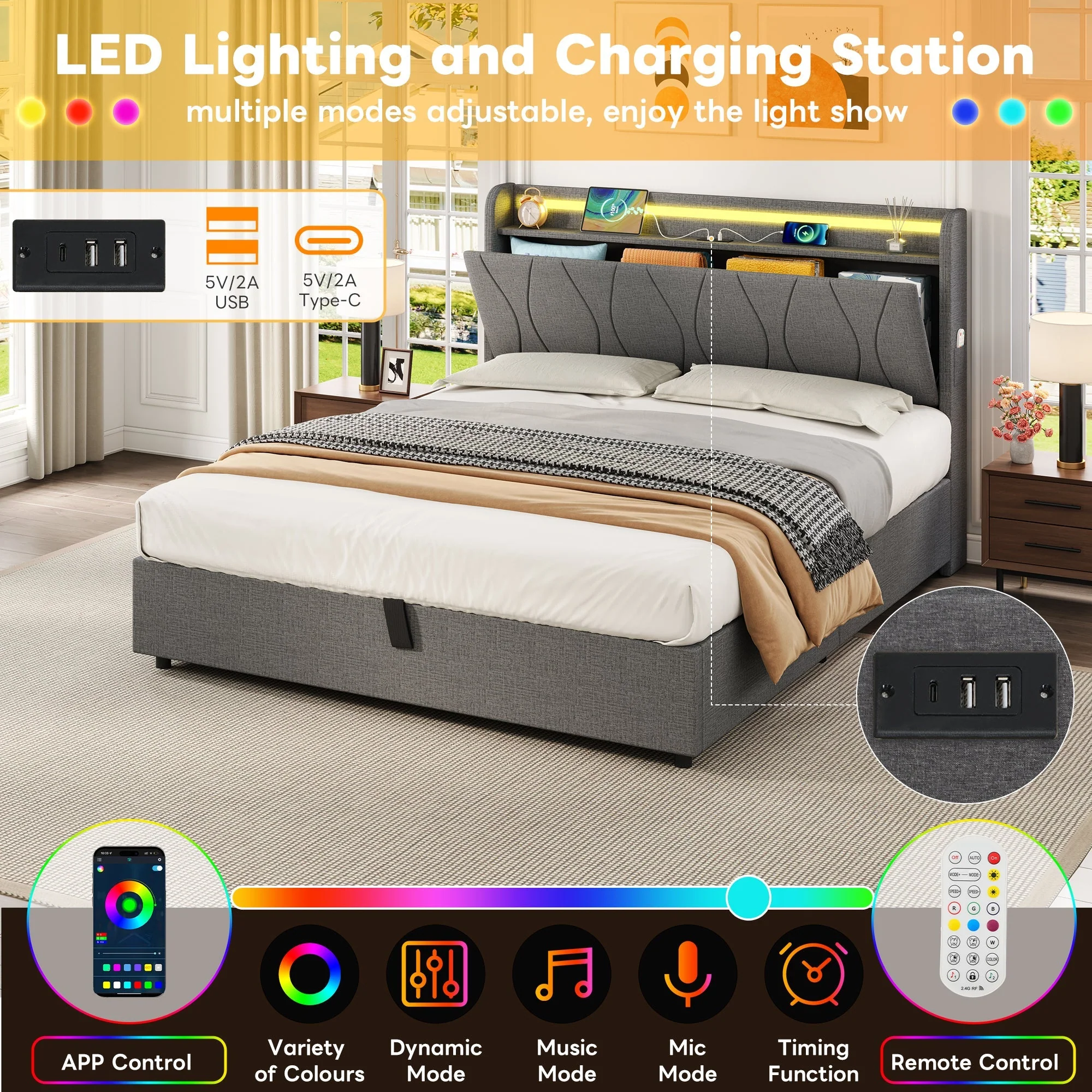 4ft6 Double Upholstered Bed Frame with Hydraulic Storage, LED Headboard, Grey Linen - Image 7