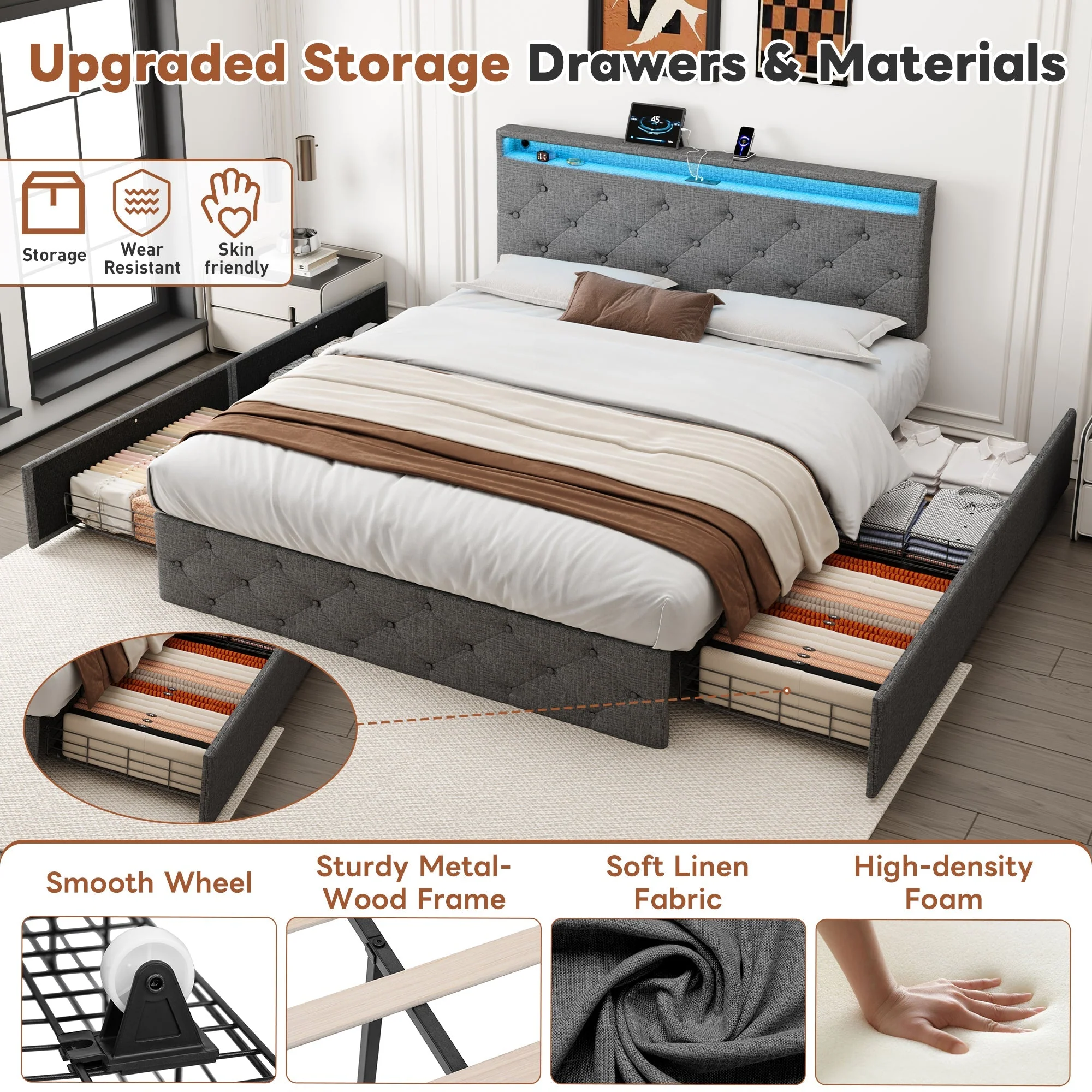 4ft6 Double Upholstered Bed with 4 Storage Drawers, LED Charging Station, Linen Grey - Image 5