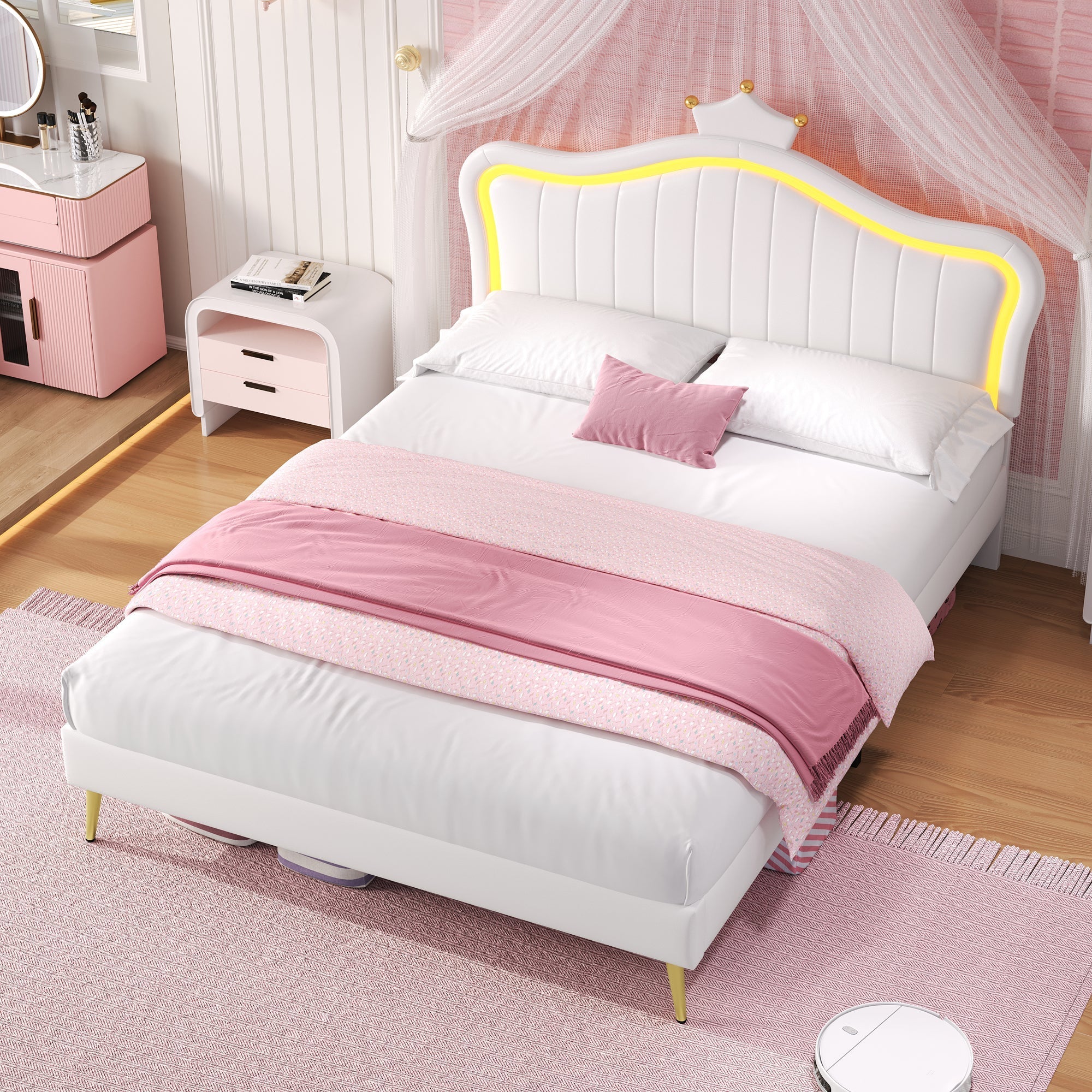 4ft6 Double Upholstered Bed with LED Adjustable Crown Shape Headboard, Cream White PU Leather - Image 3