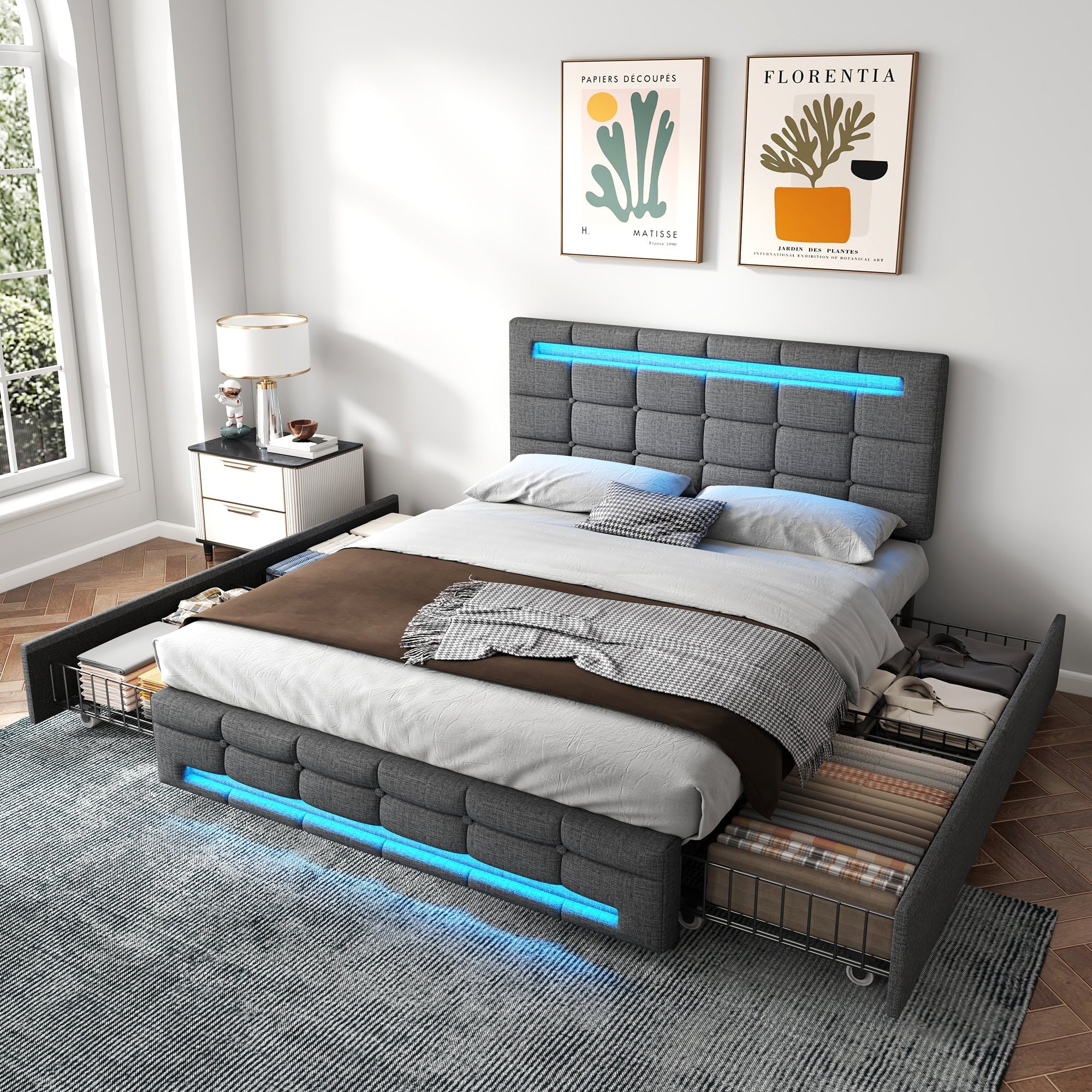 4ft6 Double Upholstered Bed with LED Lighting, Storage Drawers, Adjustable Button Tufted Headboard, Linen Fabric, Grey - Image 4