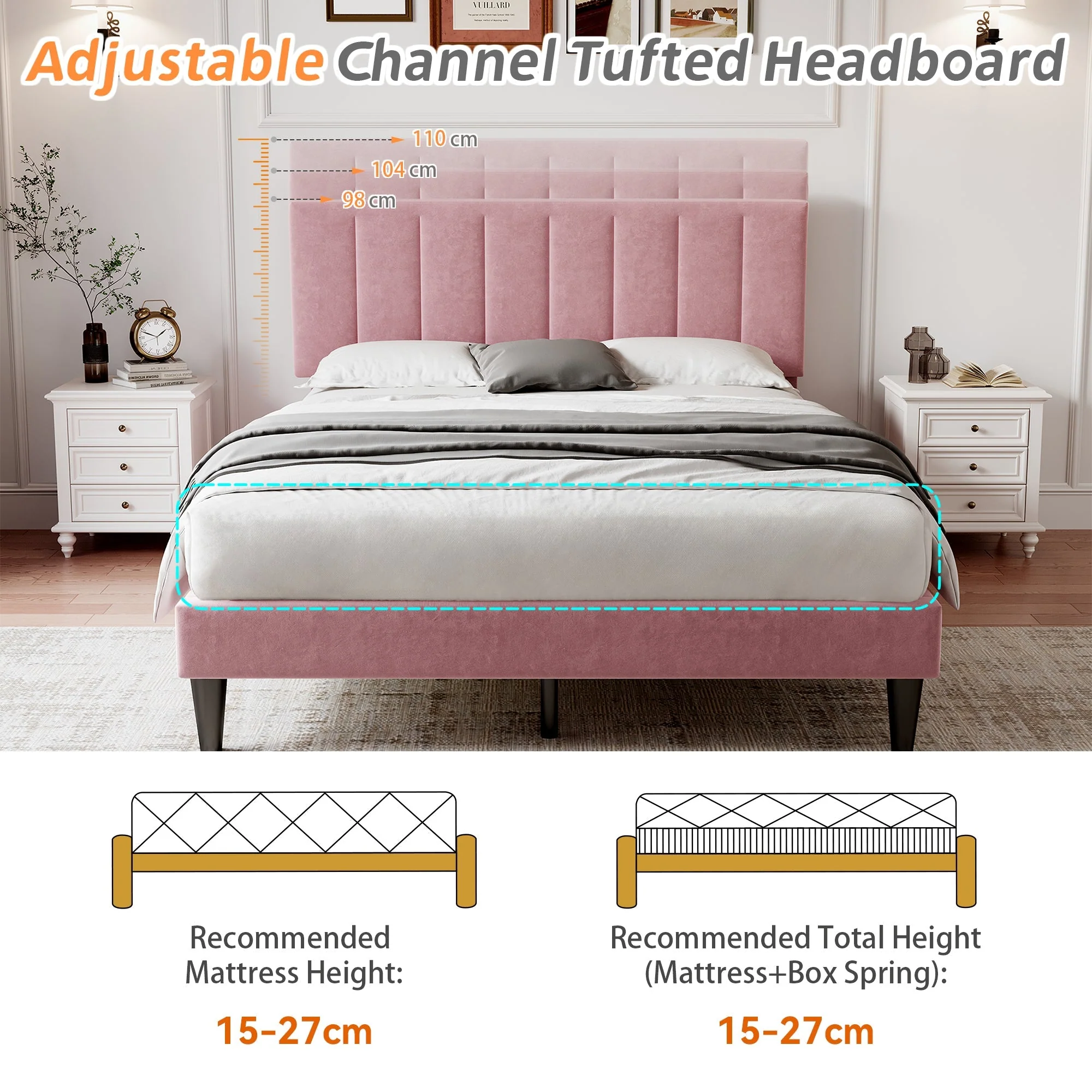 4ft6 Double Upholstered Velvet Bed Frame, Adjustable Channel Tufted Headboard, Pink - Image 4