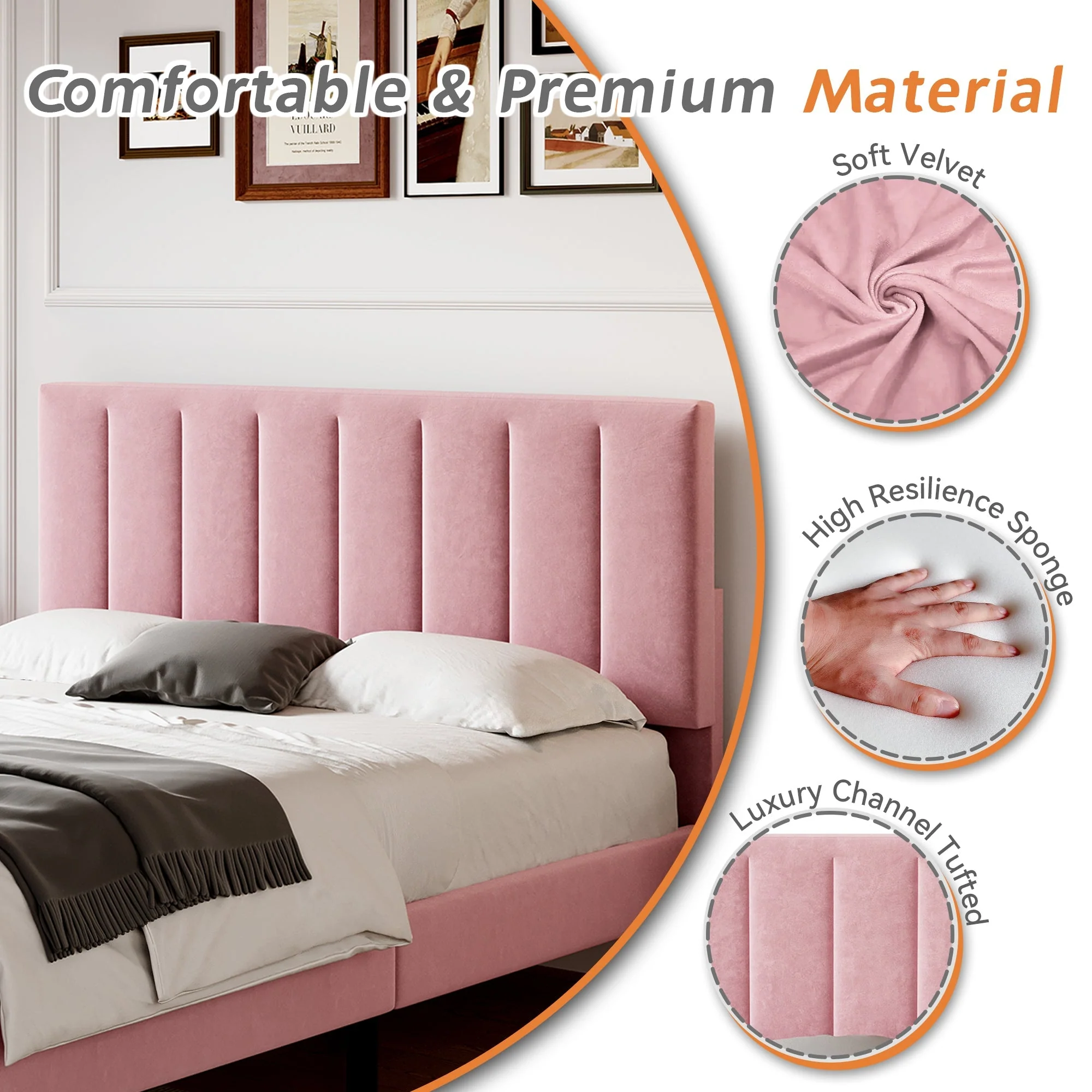 4ft6 Double Upholstered Velvet Bed Frame, Adjustable Channel Tufted Headboard, Pink - Image 5