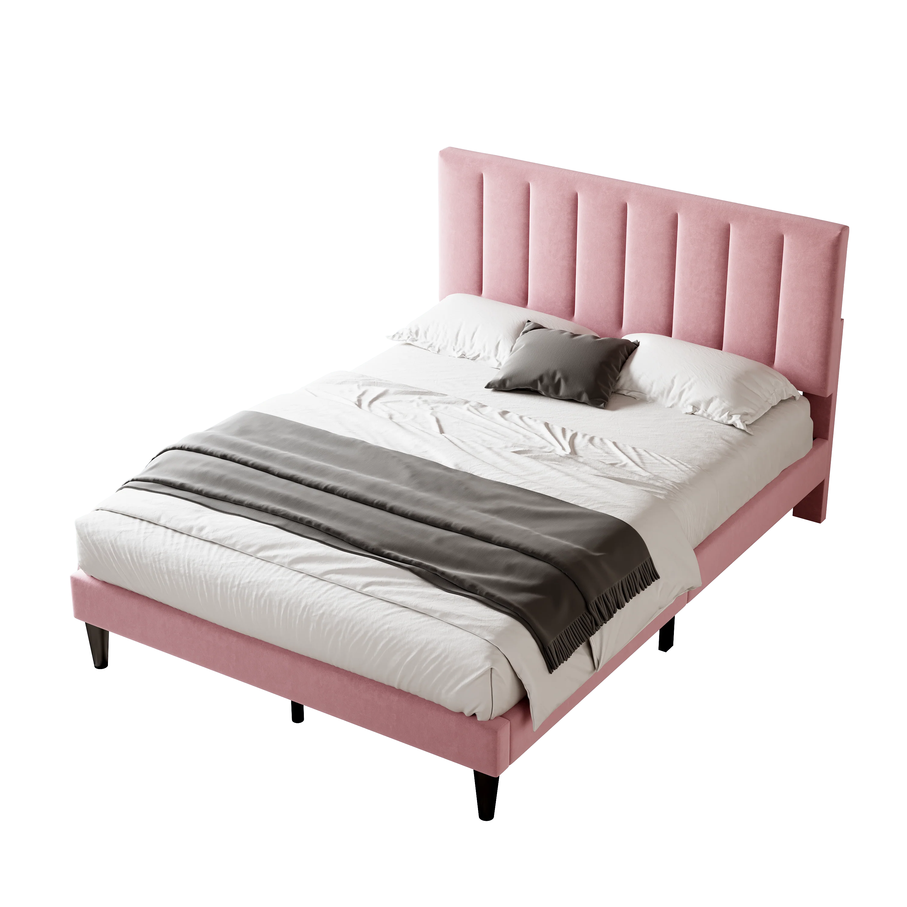4ft6 Double Upholstered Velvet Bed Frame, Adjustable Channel Tufted Headboard, Pink - Image 7