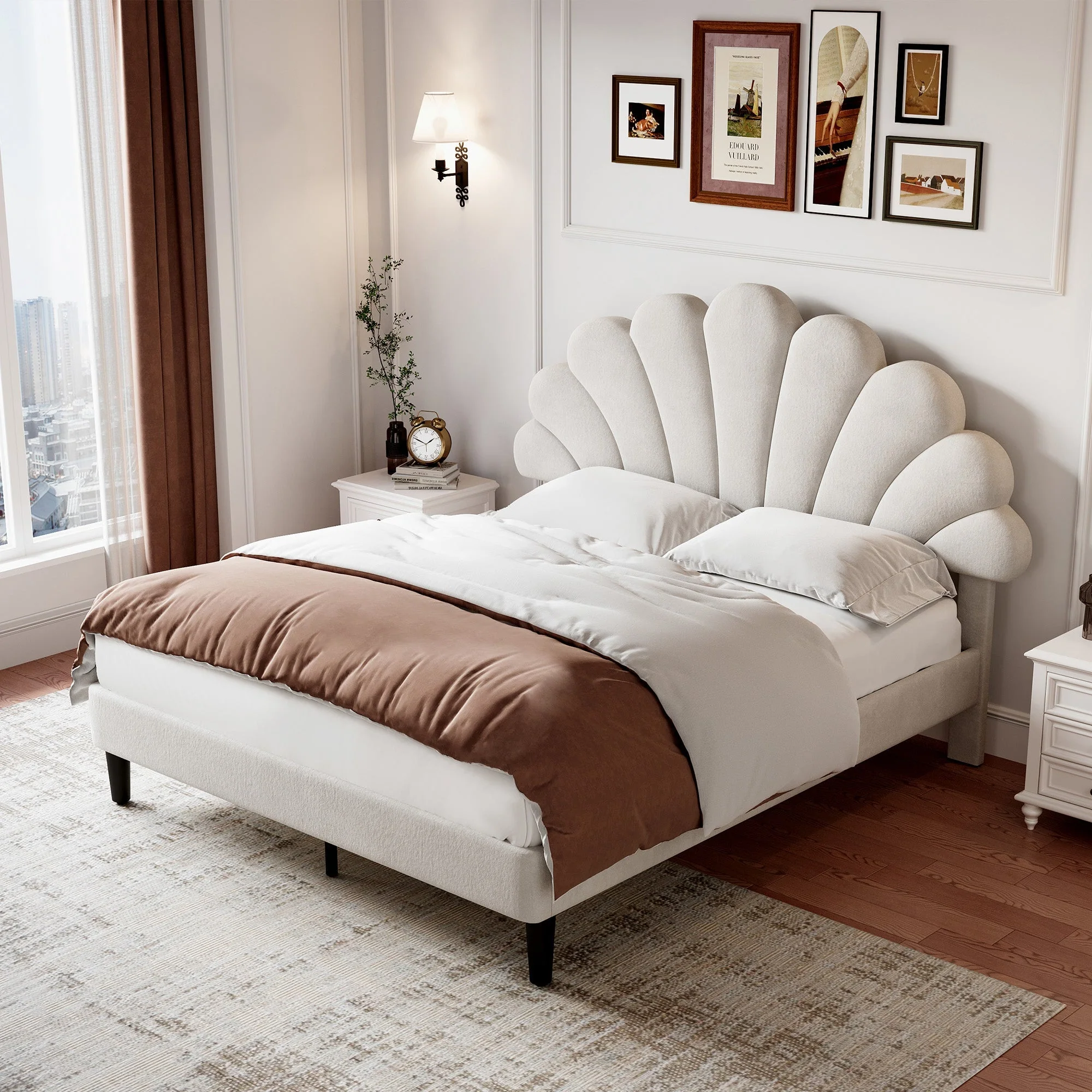 4ft6 Double Upholstered Velvet Bed Frame, Adjustable Chic Petal Headboard, Beige - Image 3