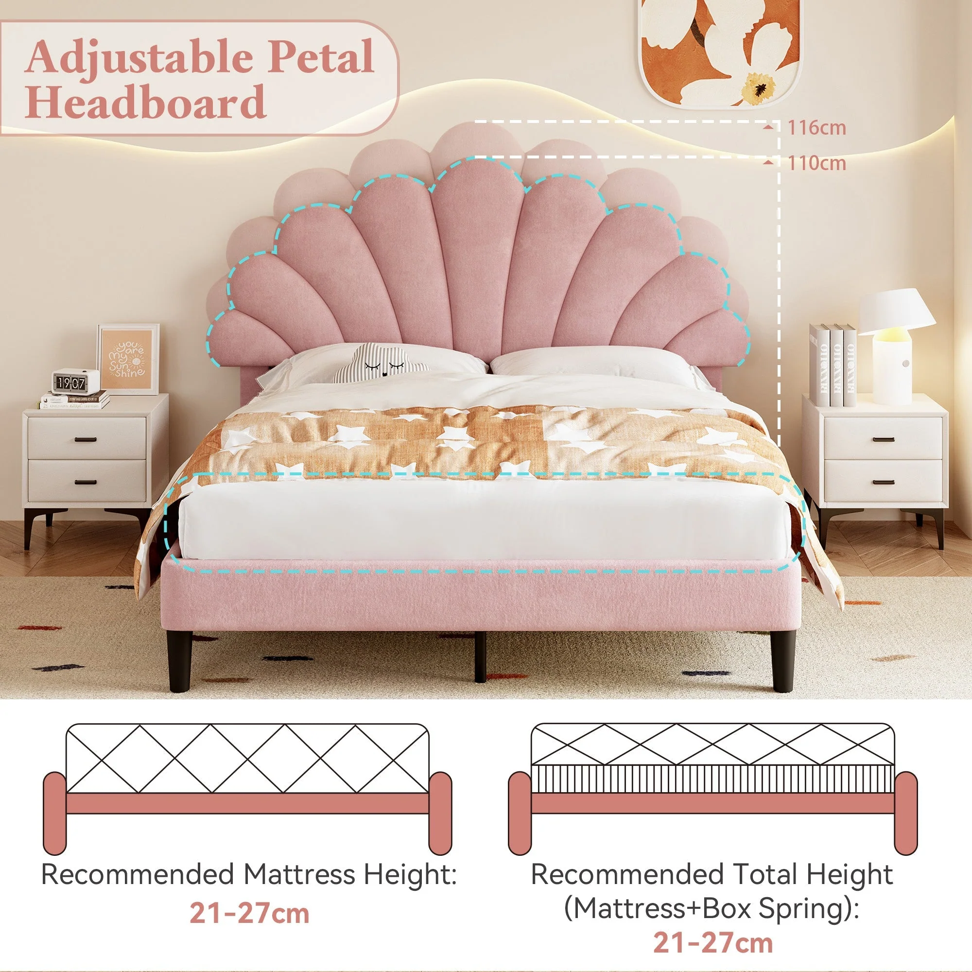 4ft6 Double Upholstered Velvet Bed Frame, Adjustable Chic Petal Headboard, Pink - Image 6